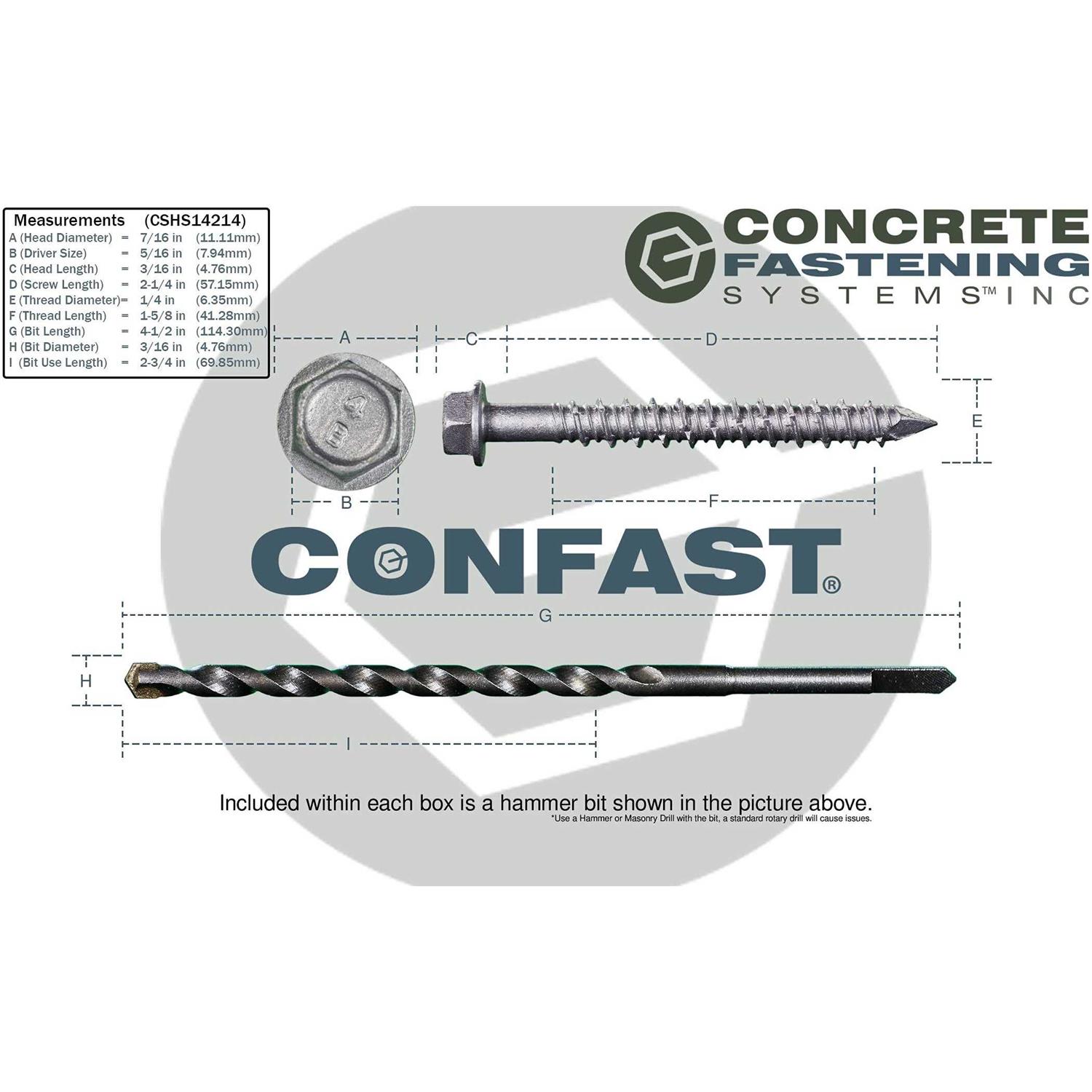 CONFAST 1/4 x Concrete Screws 410 Stainless Steel Hex with Concrete Drill Bit for Anchoring to Masonry, Block or Brick - Image 4