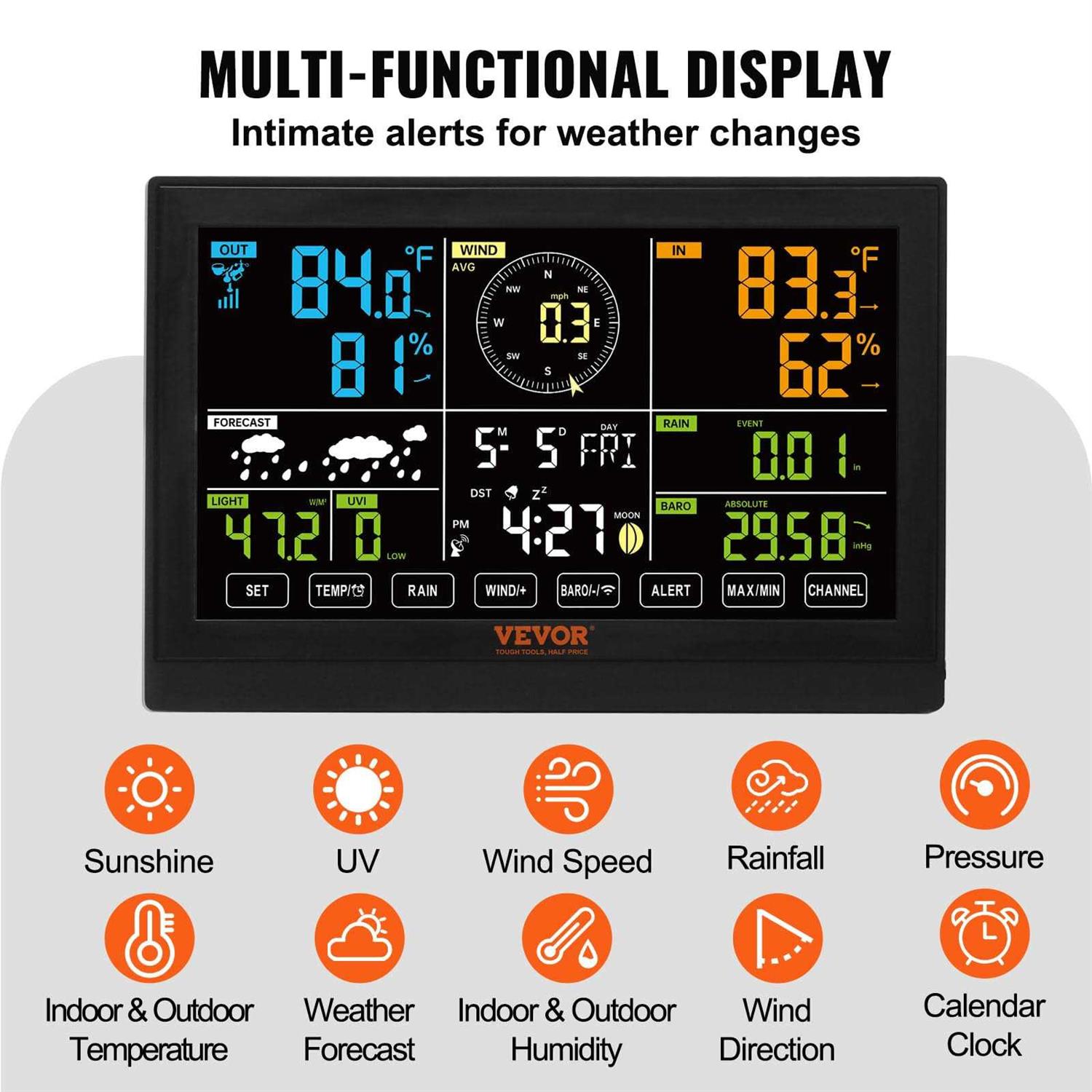 VEVOR 7-in-1 Wireless Weather Station 7.5 Display Home Weather Station Temperature - Image 4