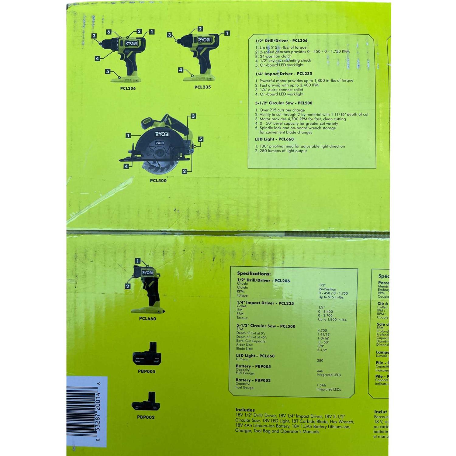 Ryobi Pcl1400k2 One+ 18V Cordless 4-Tool Combo Kit with 1.5 Ah Battery, 4.0 Ah Battery, and Charger - Image 3