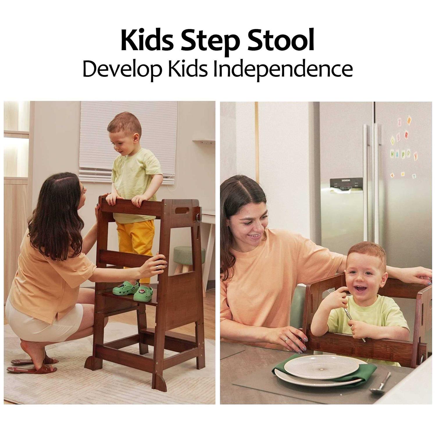 TOETOL Bamboo Toddler Kitchen Step Stool Helper Standing Tower Height Adjustable - Image 5