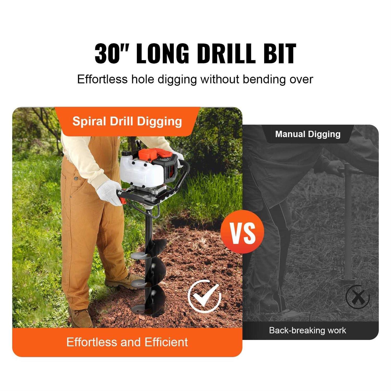 43CC Gas Powered Post Hole Digger - 1250W Earth Auger With 8 Inch Drill Bit For Fencing & Planting