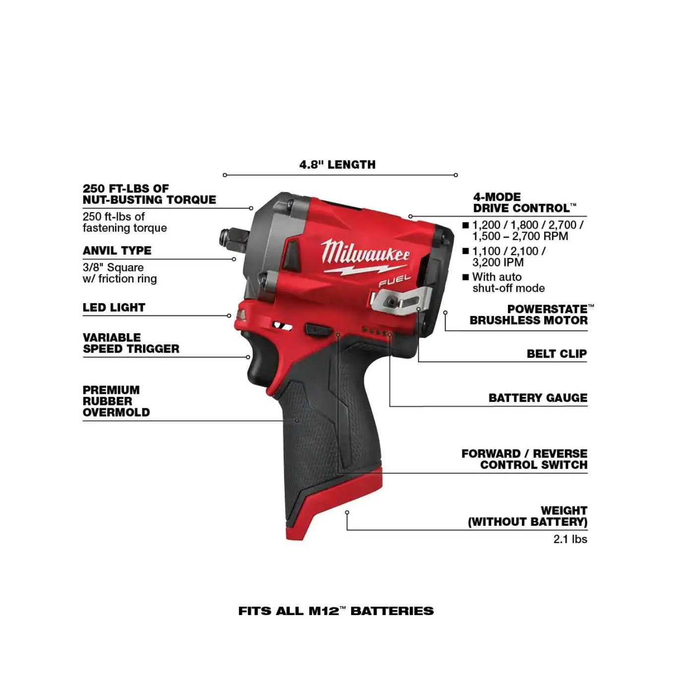 Milwaukee M12 FUEL 12V Lithium-Ion Brushless Cordless Stubby Impact Wrench with M12 2.0Ah Battery - Image 4
