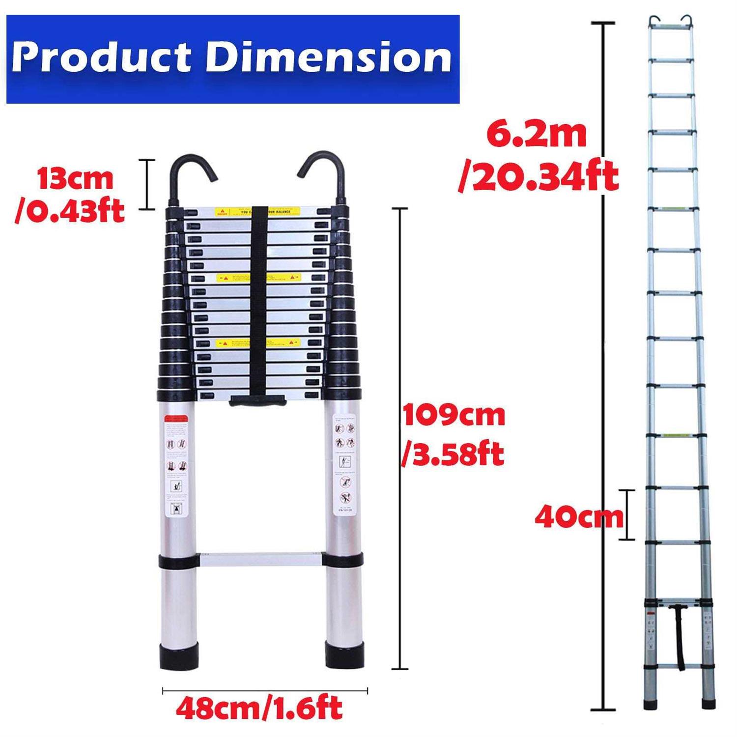 Bowoshen Telescoping Ladder 20ft 6.2M Aluminum DIY Extension Folding Loft Ladder with 2 Detachable Hooks Anti-Slip Rubber Feet Portable Heavy Duty - Image 4