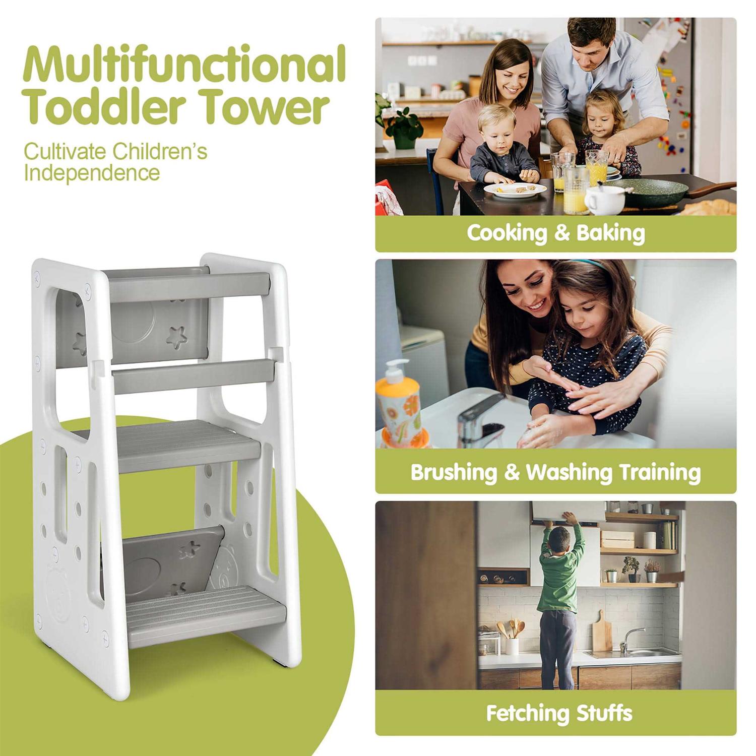 Costway Kids Kitchen Step Stool with Double Safety Rails Toddler Learning Stool - Image 3