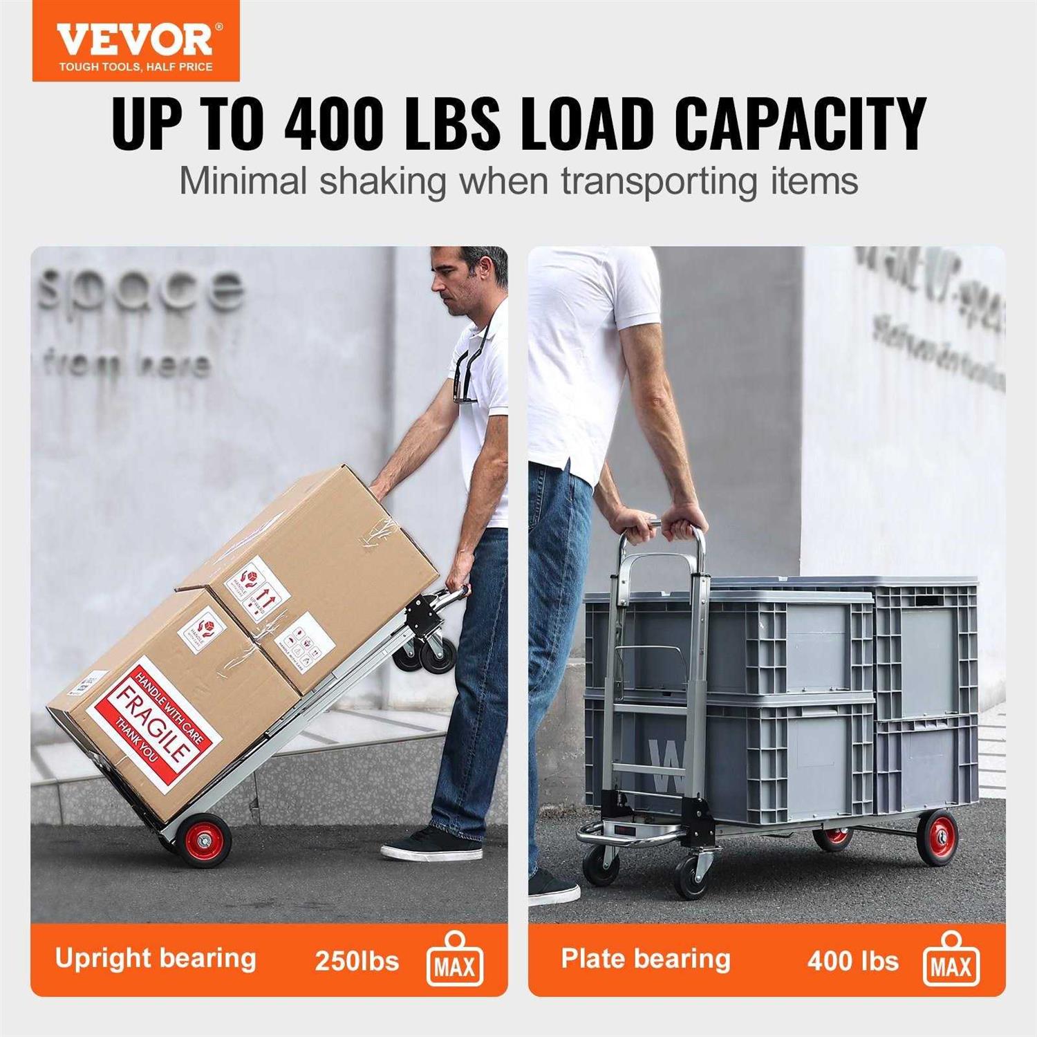 VEVOR Aluminum Hand Truck 2 in 1 Folding Dolly Cart 400 lbs Capacity Heavy Duty - Image 3