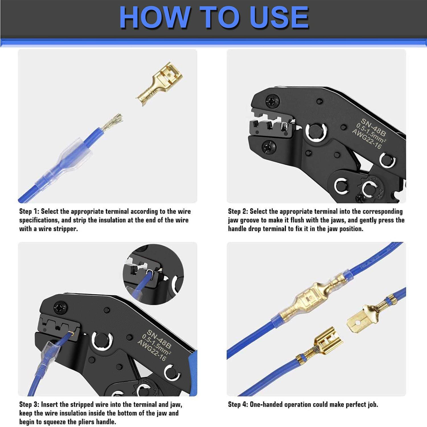 Wire Terminal Crimping Tool Kit Qibaok Ratcheting Wire Crimper AWG 22-16 with 500PCS Female Male Spade Connectors & Bullet Connectors - Image 2