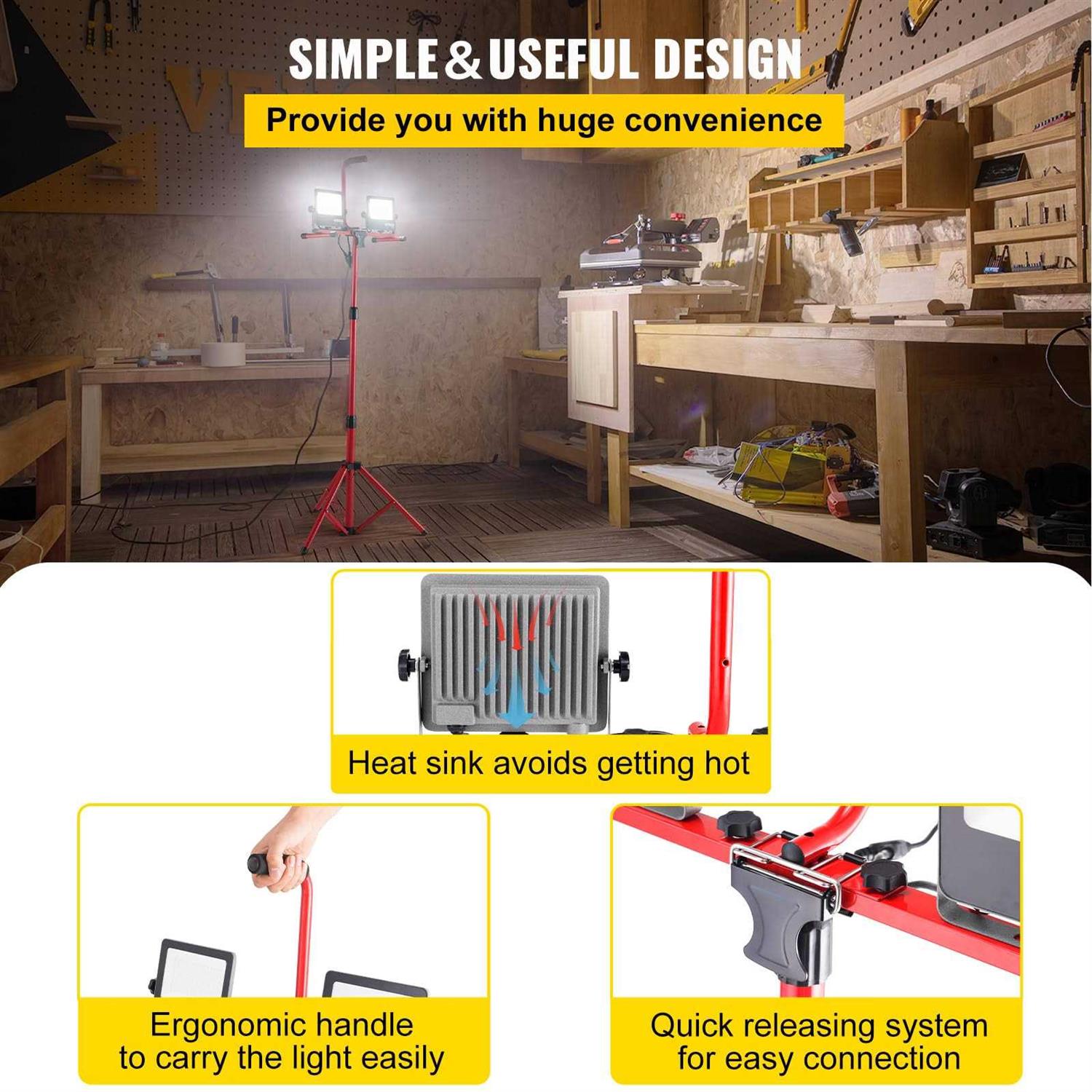 VEVOR LED Work Light with Stand Dual-head LED Work Light with 27.6-68.1 Adjustable and Foldable Tripod Stand - Image 3