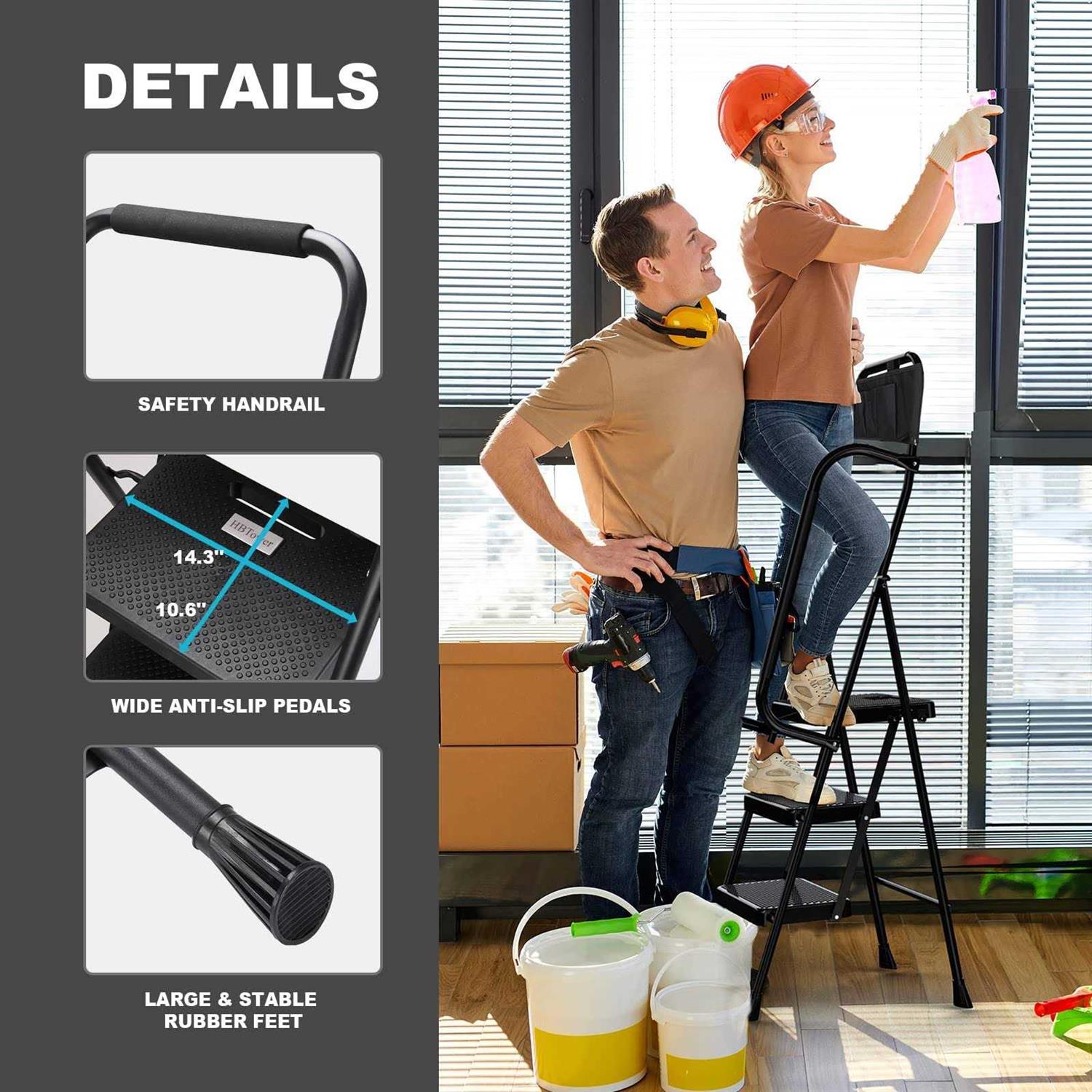 HBTower 3 Step Ladder Folding Step Stool with Wide Anti-Slip Pedal - Image 5