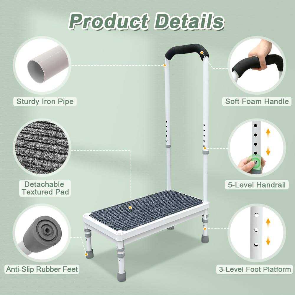Medical Step Stool with Handle Elderly Adults Bed Steps for High Beds Rails Adjustable Assist Bar Heavy Duty Stepping Stool Metal Wide Step Platform - Image 3