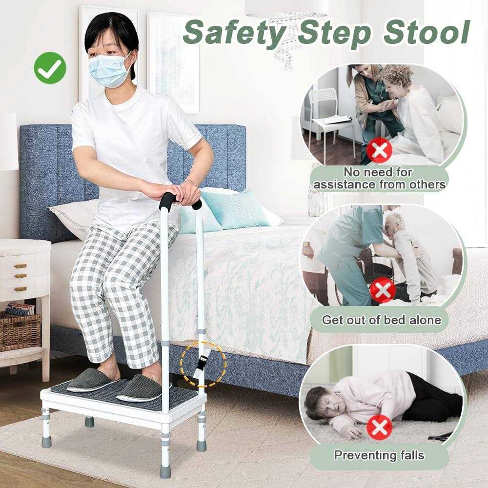 Medical Step Stool with Handle Elderly Adults Bed Steps for High Beds Rails Adjustable Assist Bar Heavy Duty Stepping Stool Metal Wide Step Platform - Image 5