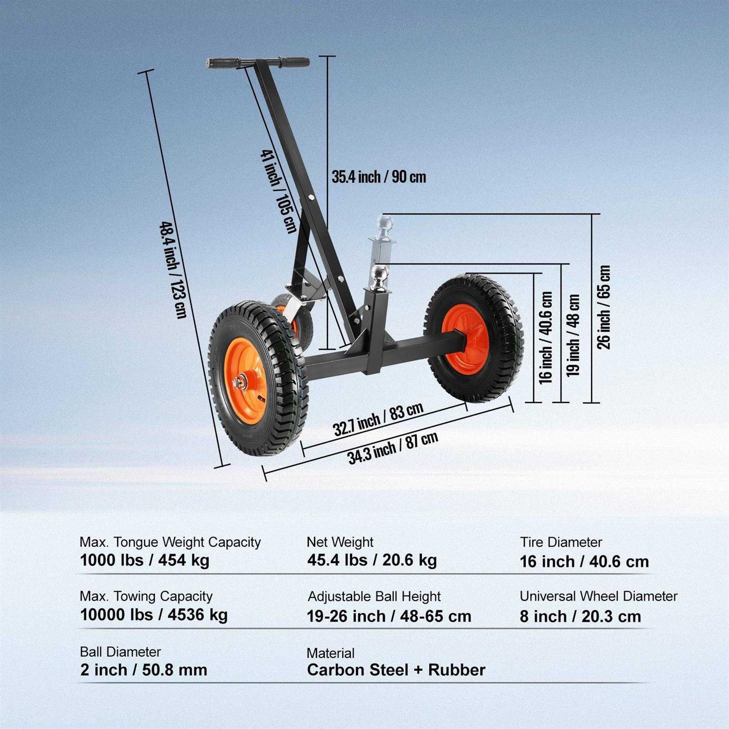 VEVOR Adjustable Trailer Dolly 1000lbs Tongue Weight Capacity Carbon Steel Trailer Mover with 19''-26'' Adjustable Height & 2'' Ball - Image 5