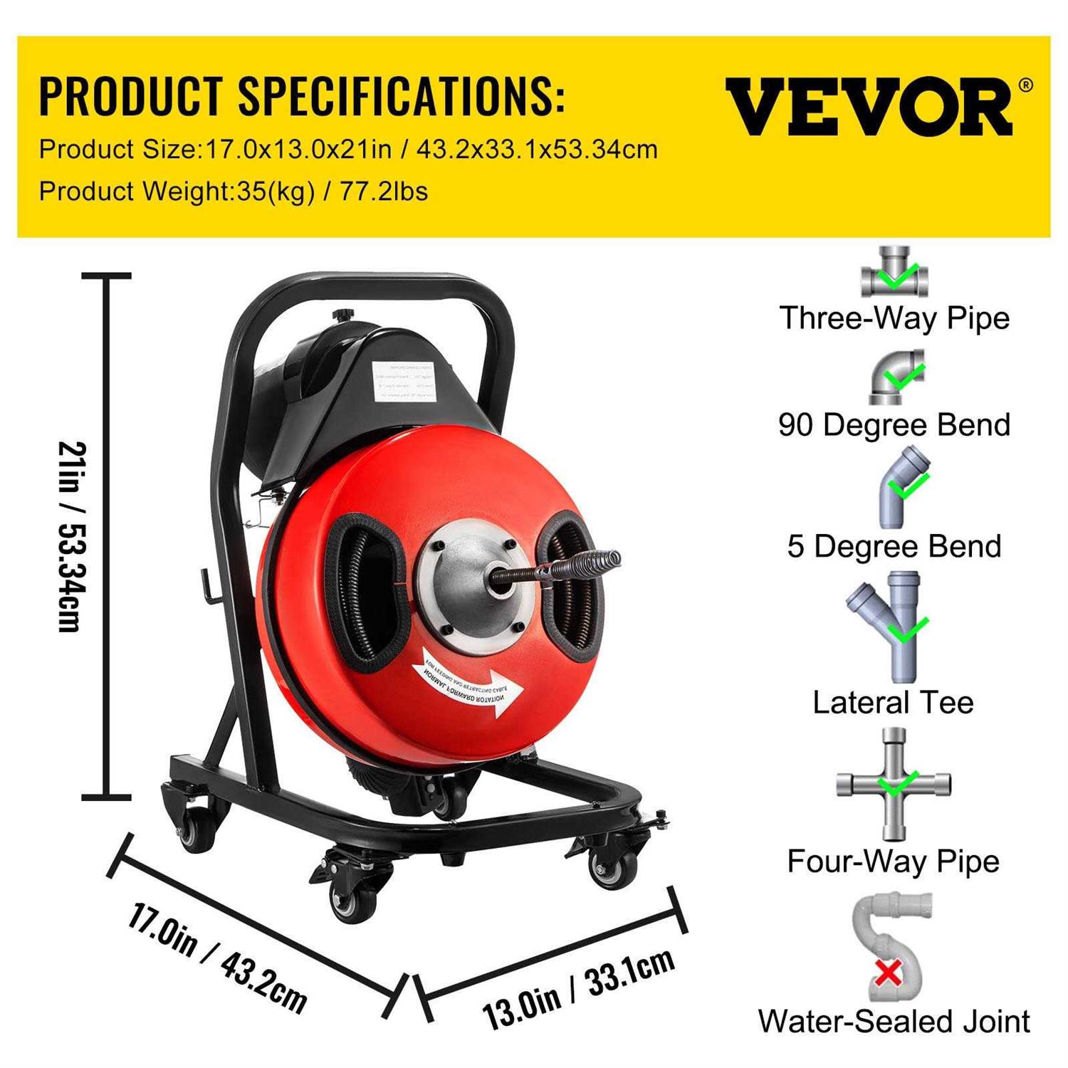VEVOR Drain Cleaner Machine Electric Drain Auger 50FTx1/2In - Image 4