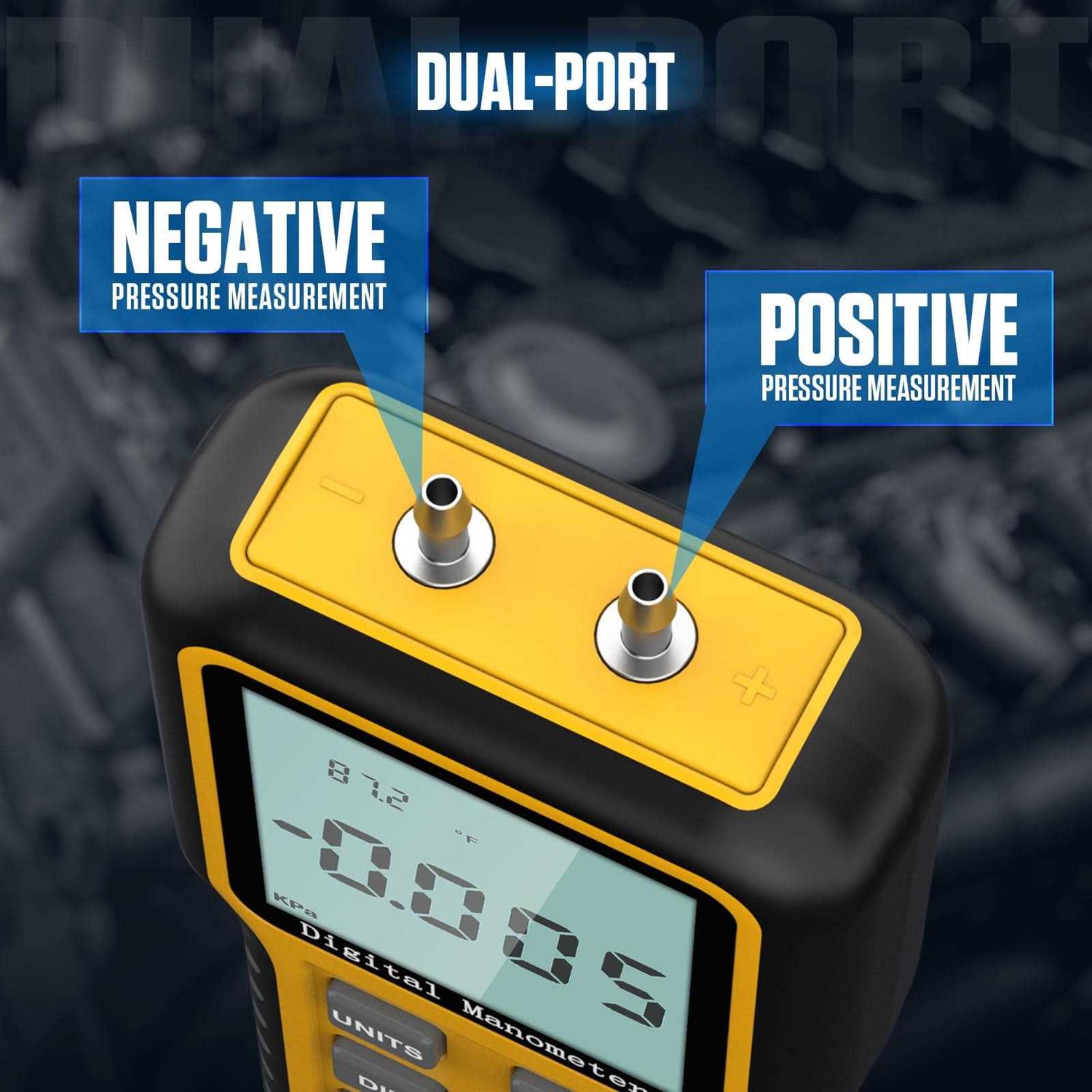 AUTOOL Digital Manometer - Dual-Port Gas Pressure Tester With 12 Units, Backlit Display