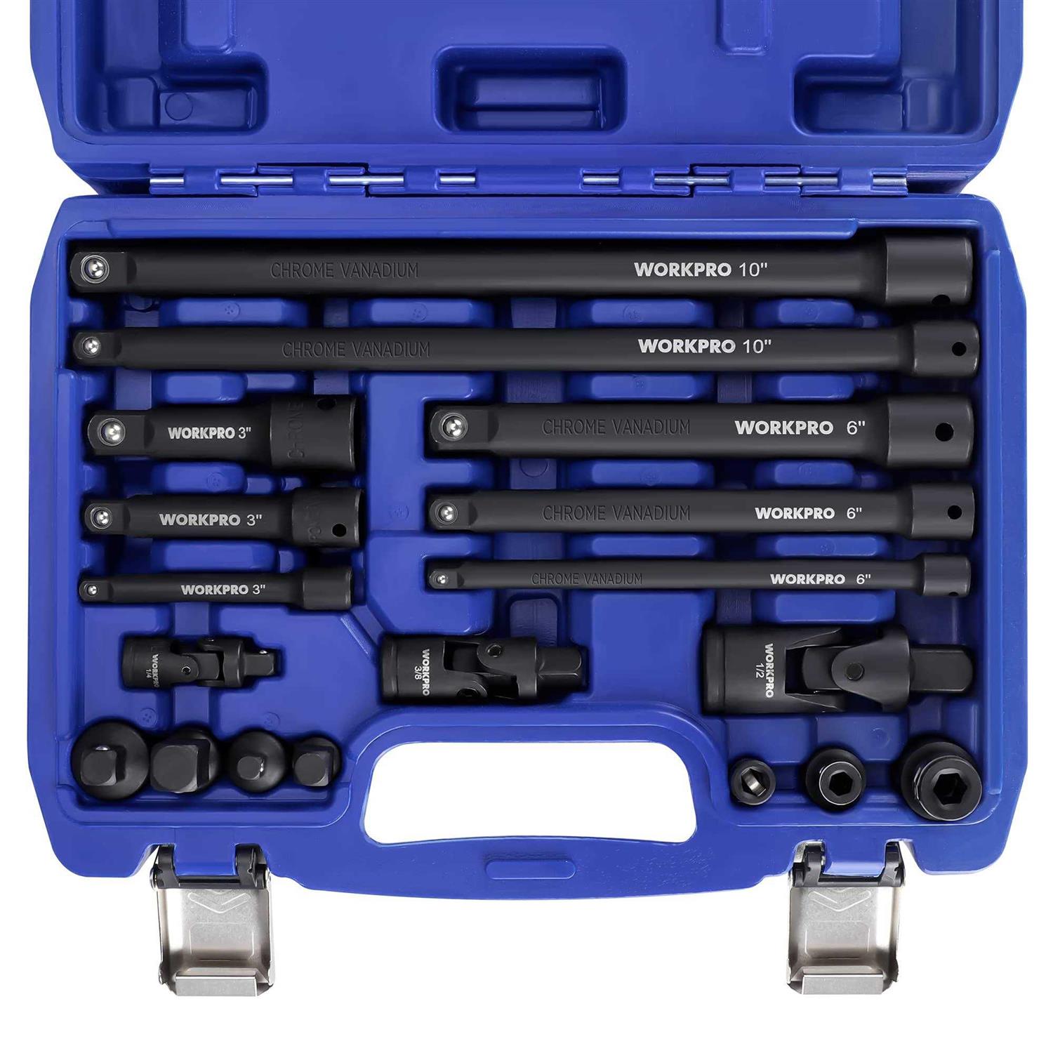 WORKPRO 18-Pieces Drive Tool Accessory Set, Includes Socket Adapters, Socket Extension Bar, Swivel Universal Joints and Impact Coupler
