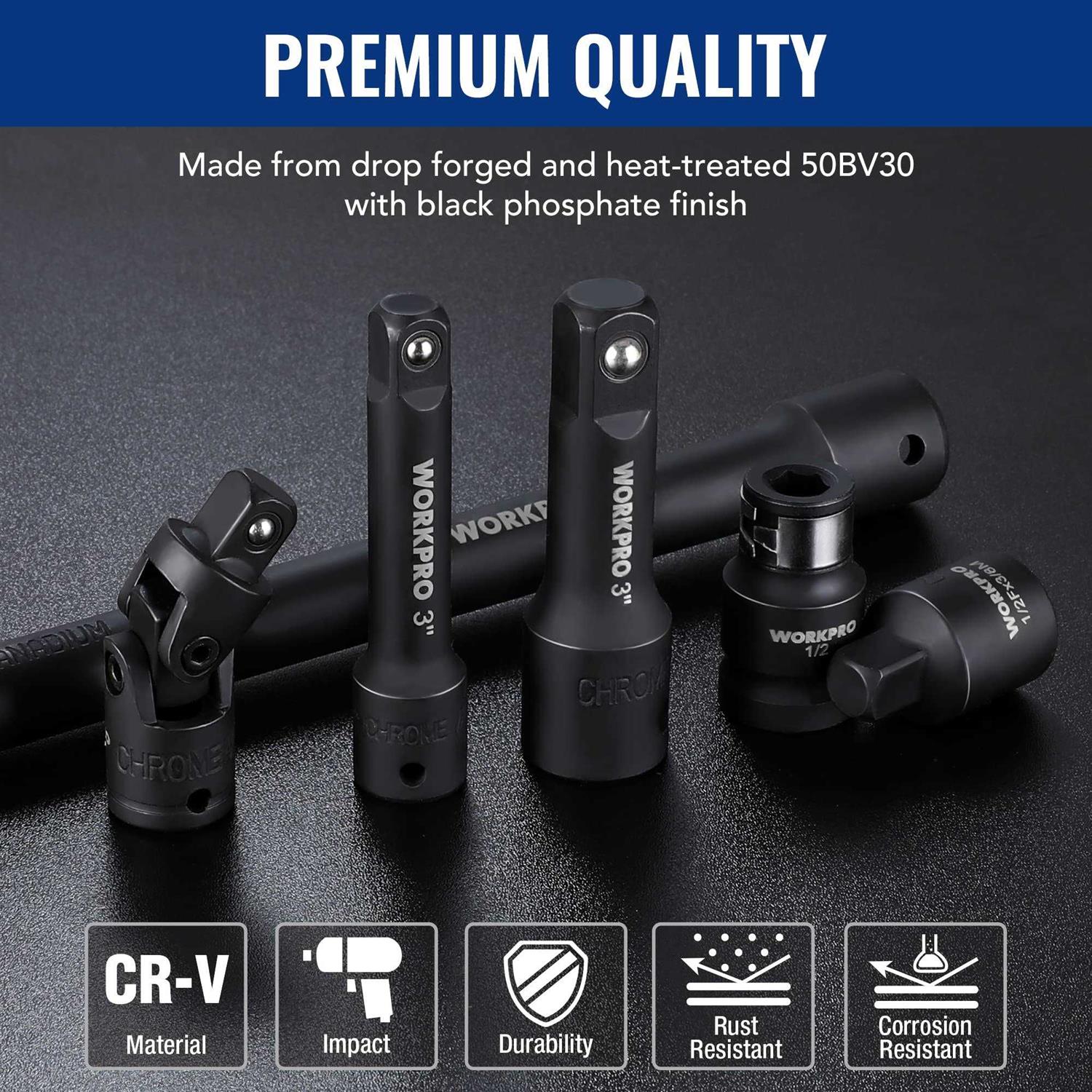 WORKPRO 18-Pieces Drive Tool Accessory Set, Includes Socket Adapters, Socket Extension Bar, Swivel Universal Joints and Impact Coupler - Image 2