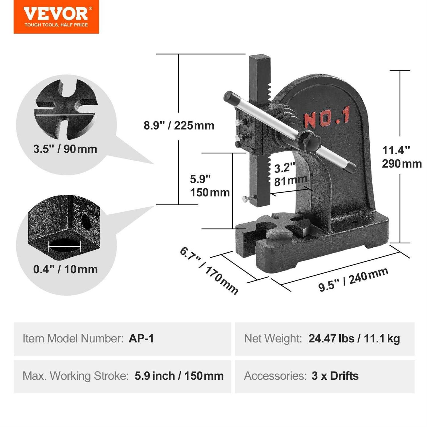 VEVOR Arbor Press 1 Ton Manual Arbor Press 5.9 Maximum Height Cast Iron Heavy-duty Manual Arbor Press - Image 2