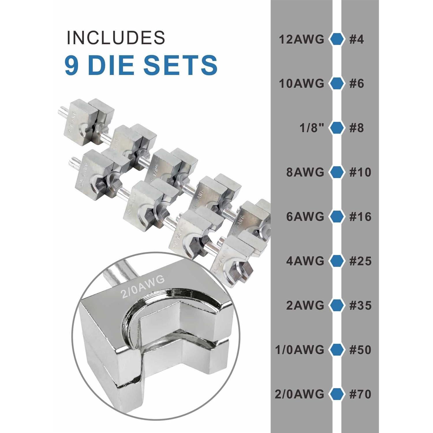 utziko hydraulic cable lug crimper 10 us ton 12 awg to 00 electrical terminal cable wire tool kit with 9 die - Image 4