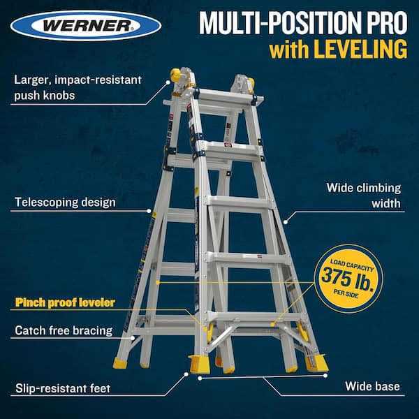 Werner 22 ft. Reach Aluminum 5-in-1 Multi-Position Pro Ladder with Built-in Leveling 375 lbs. Load Capacity Type IAA Duty - Image 4