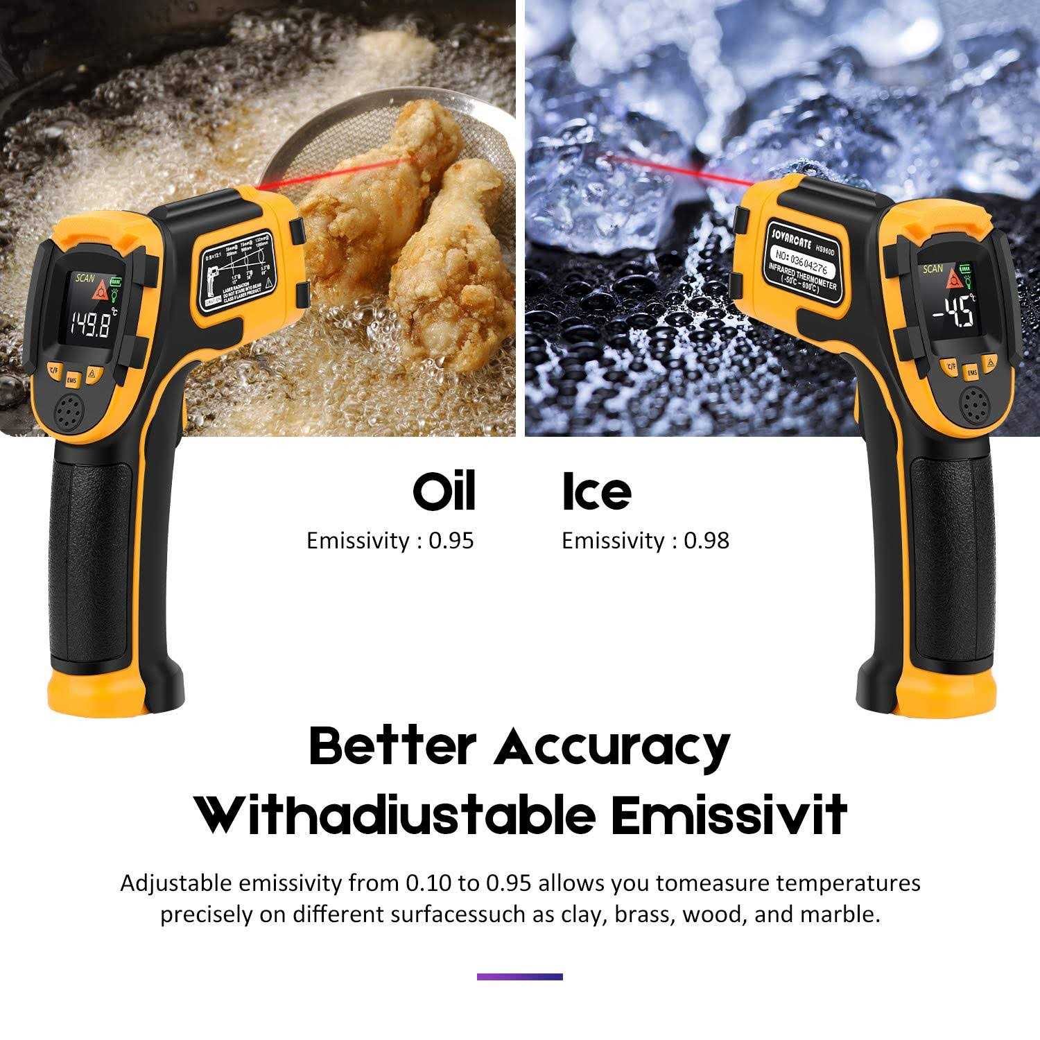SOVARCATE Infrared Thermometer Non-Contact Digital Laser Temperature Gun Color Display -58°F~1112°F Adjustable Emissivity - Image 4