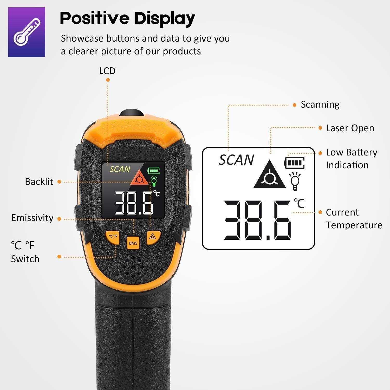 SOVARCATE Infrared Thermometer Non-Contact Digital Laser Temperature Gun Color Display -58°F~1112°F Adjustable Emissivity - Image 5