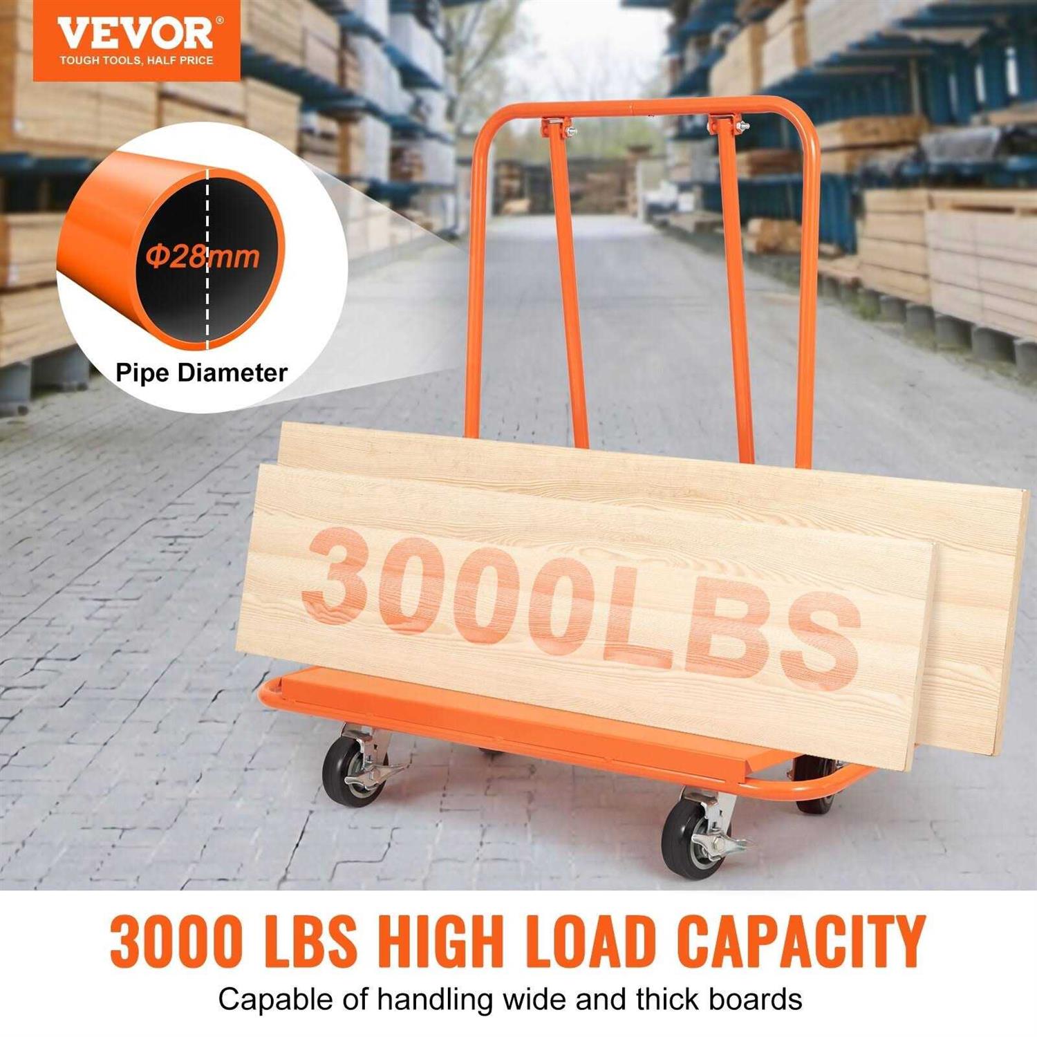 VEVOR Drywall Cart, 1500 LBS Panel Dolly Cart with 36.02 x 24.02 Deck and 5 Swivel Wheels - Image 3