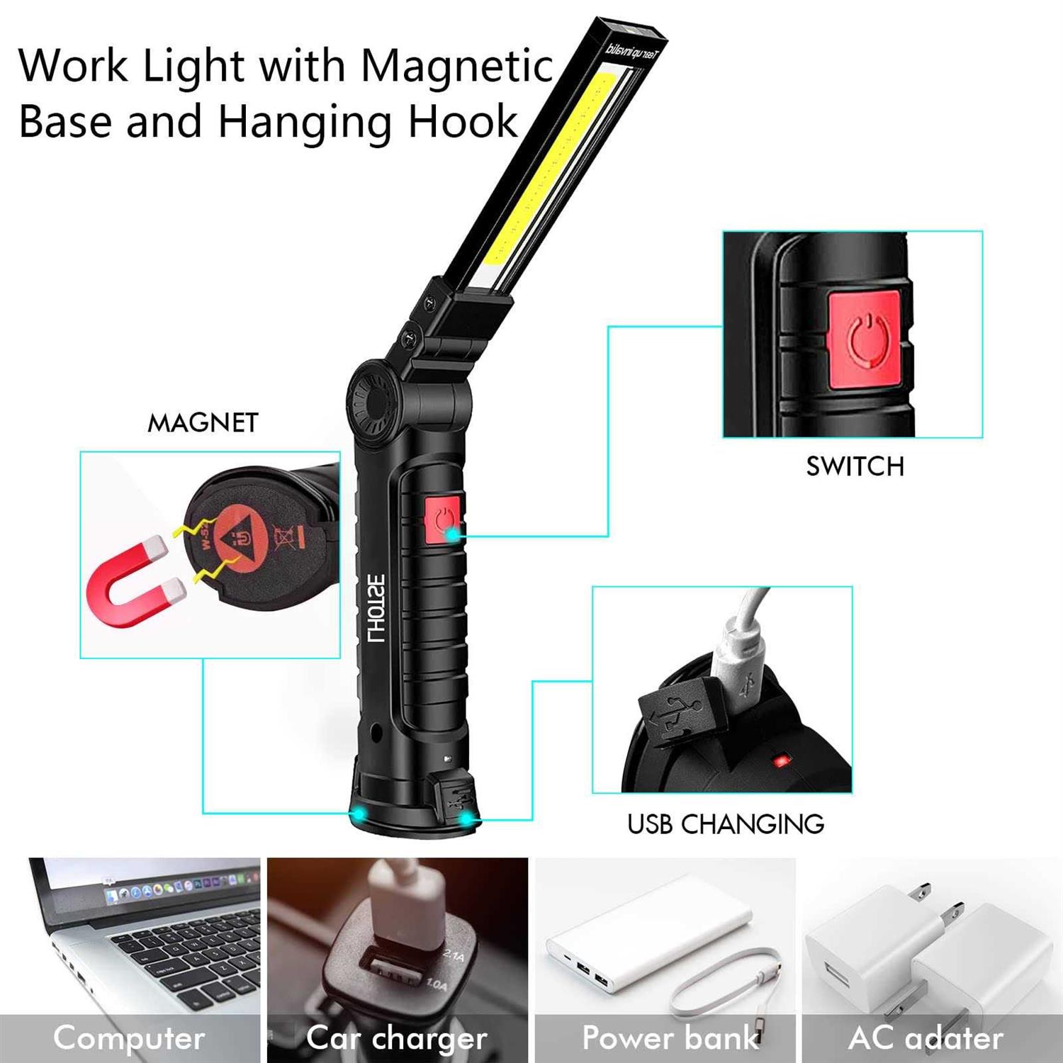 Lhotse Rechargeable Work Lights LED Work Light with Magnetic Base & Hanging Hook - Image 3