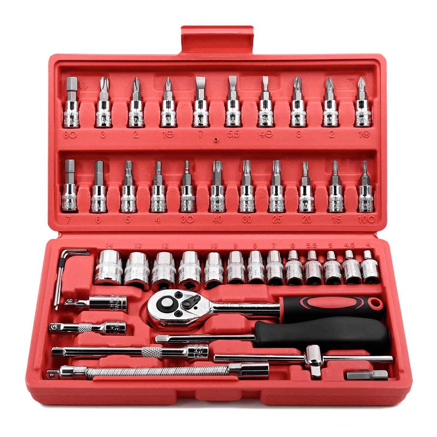 GOXAWEE 46 Pieces 1/4 inch Drive Socket Ratchet Wrench Set, with Bit Socket Set Metric and Extension Bar for Auto Repairing and Household