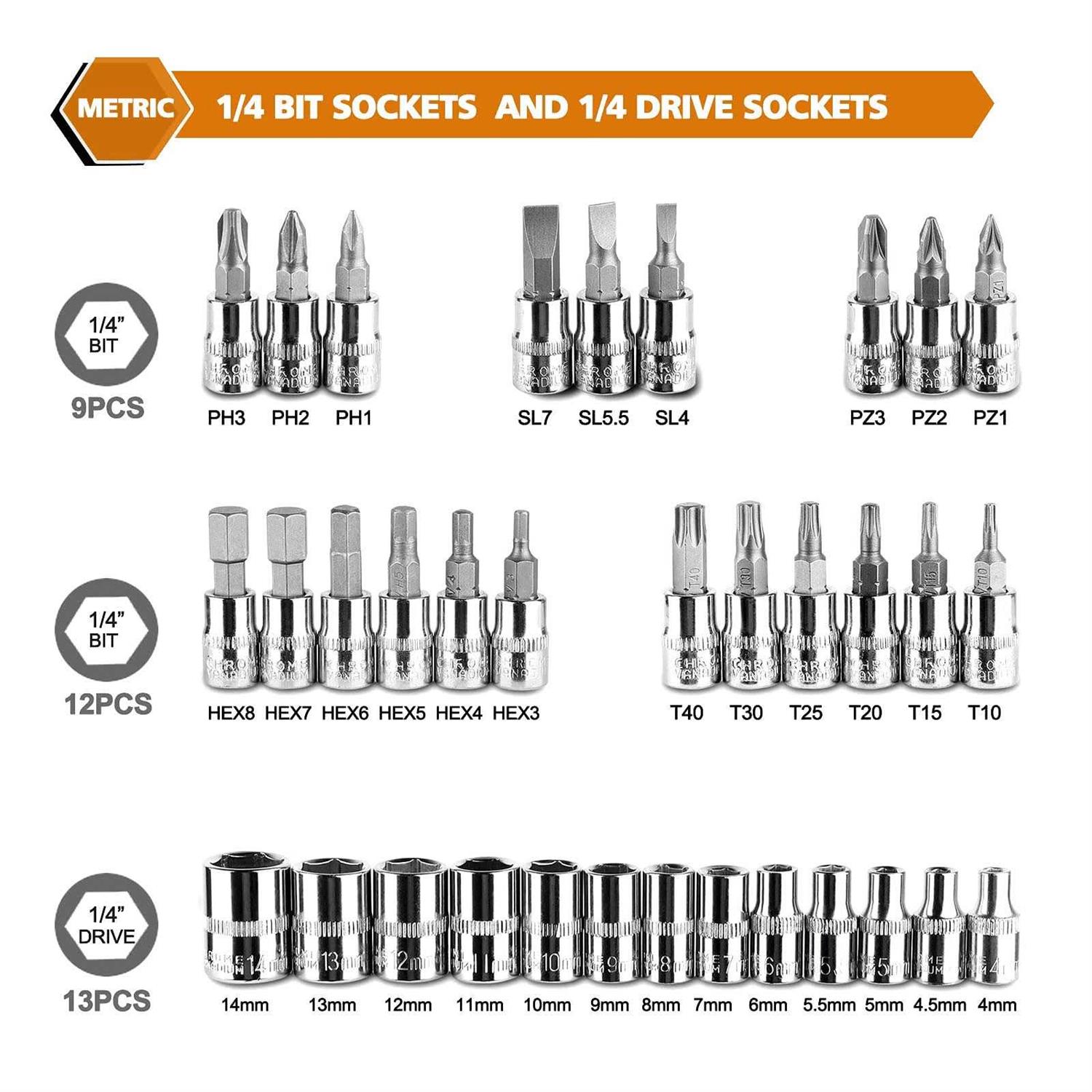 GOXAWEE 46 Pieces 1/4 inch Drive Socket Ratchet Wrench Set, with Bit Socket Set Metric and Extension Bar for Auto Repairing and Household - Image 5
