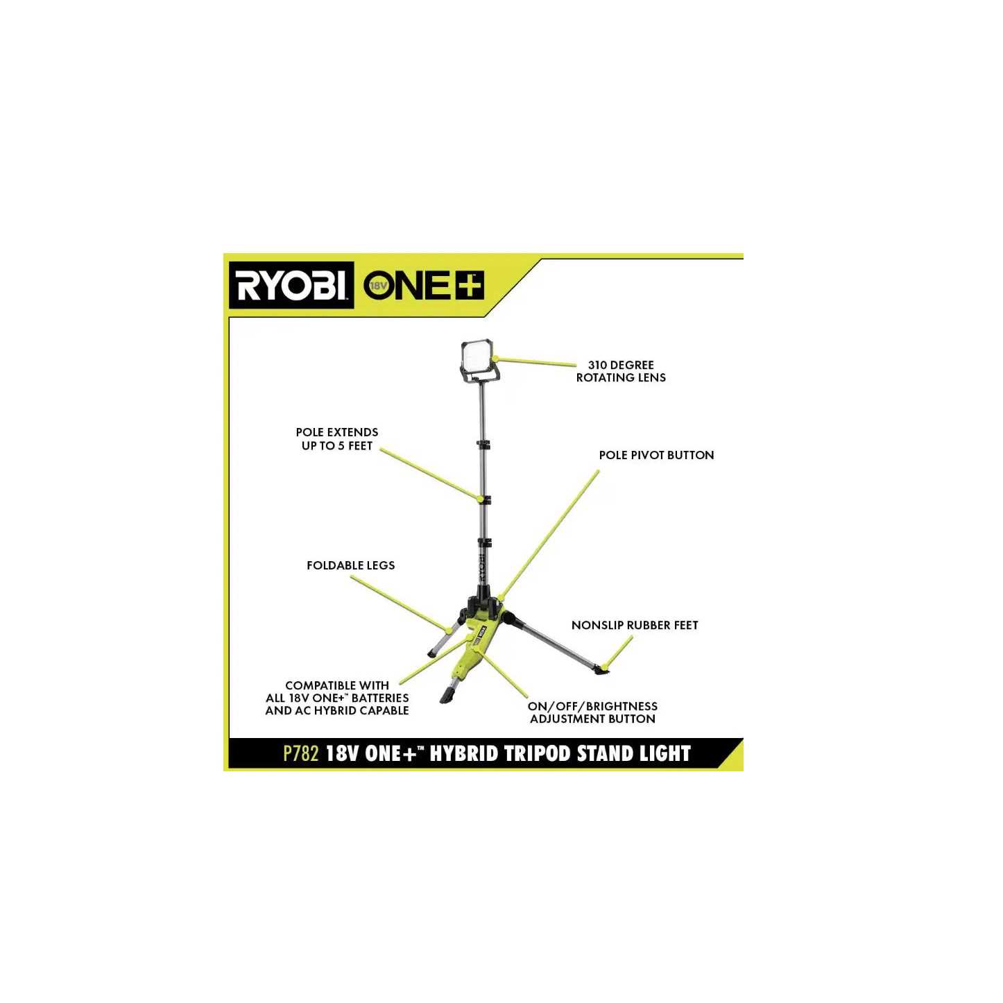 RYOBI ONE+ 18V Cordless Hybrid LED Tripod Stand Light P782 - Image 3