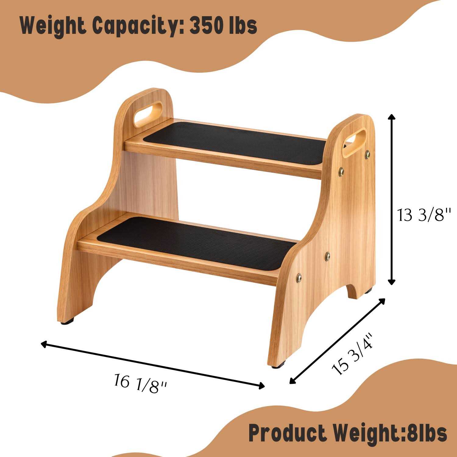 Strongtek Wood 2 Step Stool with Non-Slip Stepping Surface and Portable Handles - Image 4
