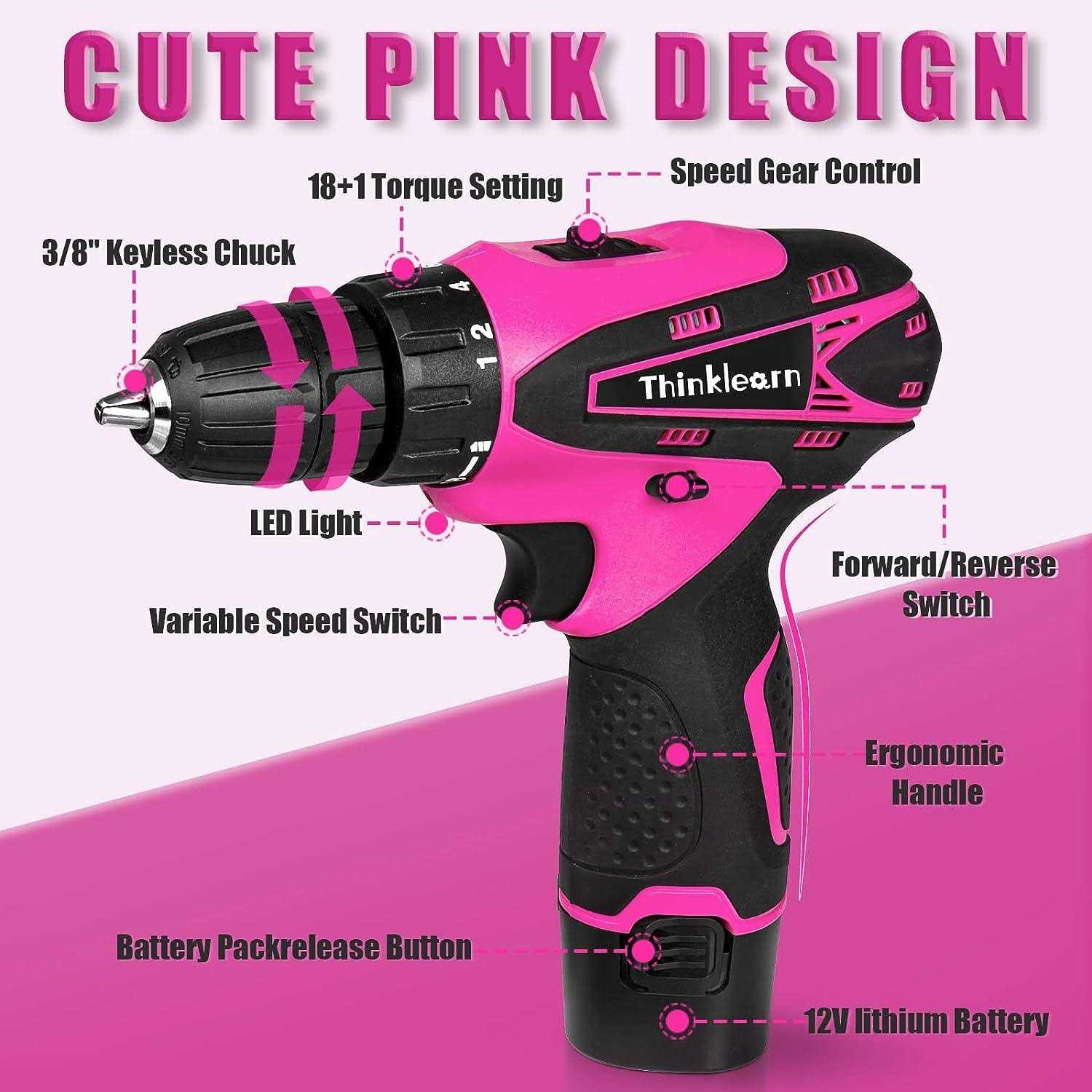 ThinkLearn Pink Drill Set for Women, 137 Piece Hand and Power Tool Set with 12V Cordless Drill - Image 3
