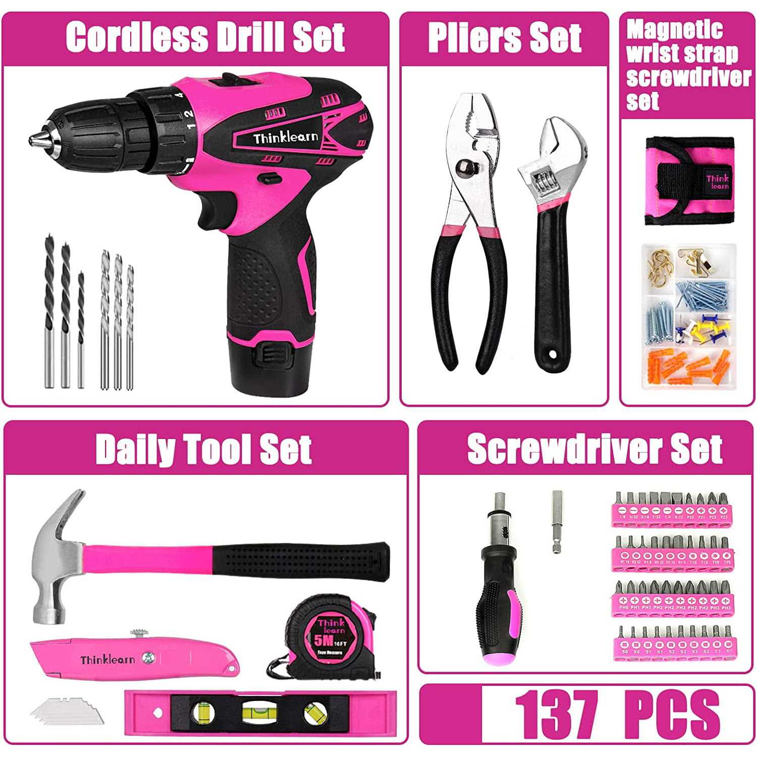 ThinkLearn Pink Drill Set for Women, 137 Piece Hand and Power Tool Set with 12V Cordless Drill - Image 4