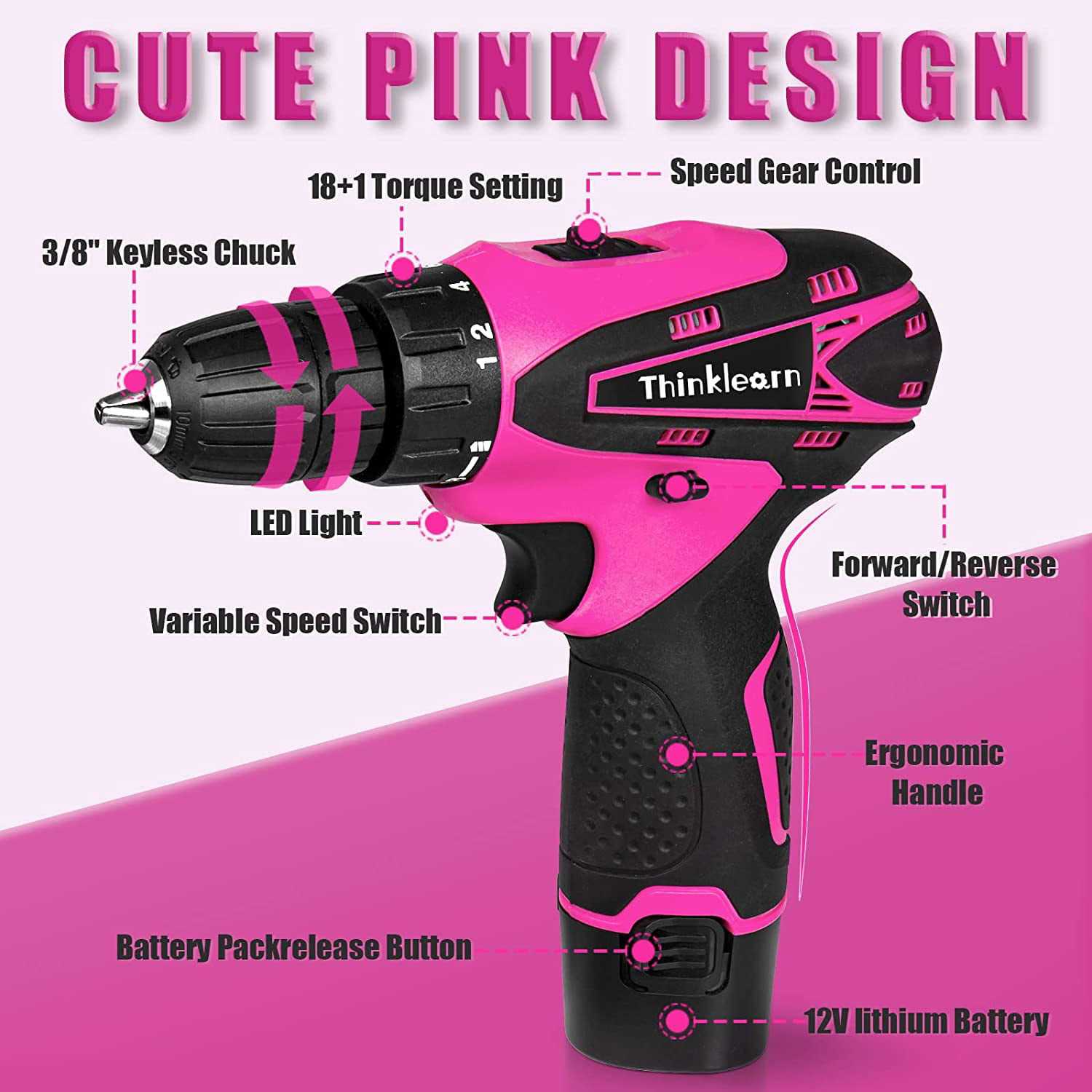 ThinkLearn Pink Drill Set for Women, 137 Piece Hand and Power Tool Set with 12V Cordless Drill - Image 5