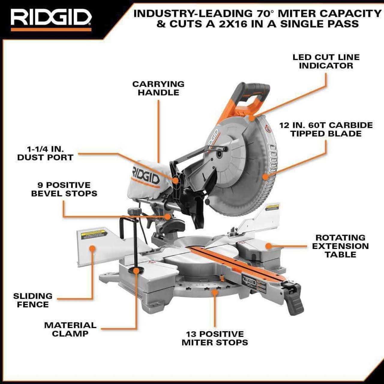 RIDGID R4222 15 Amp Corded 12 in. Dual Bevel Sliding Miter Saw with 70 Deg. Miter Capacity and LED Cut Line Indicator - Image 3