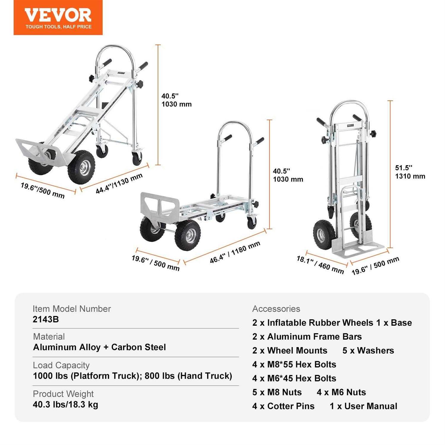 VEVOR Aluminum Folding Hand Truck 4 in 1 Design 1000 lbs Capacity - Image 3