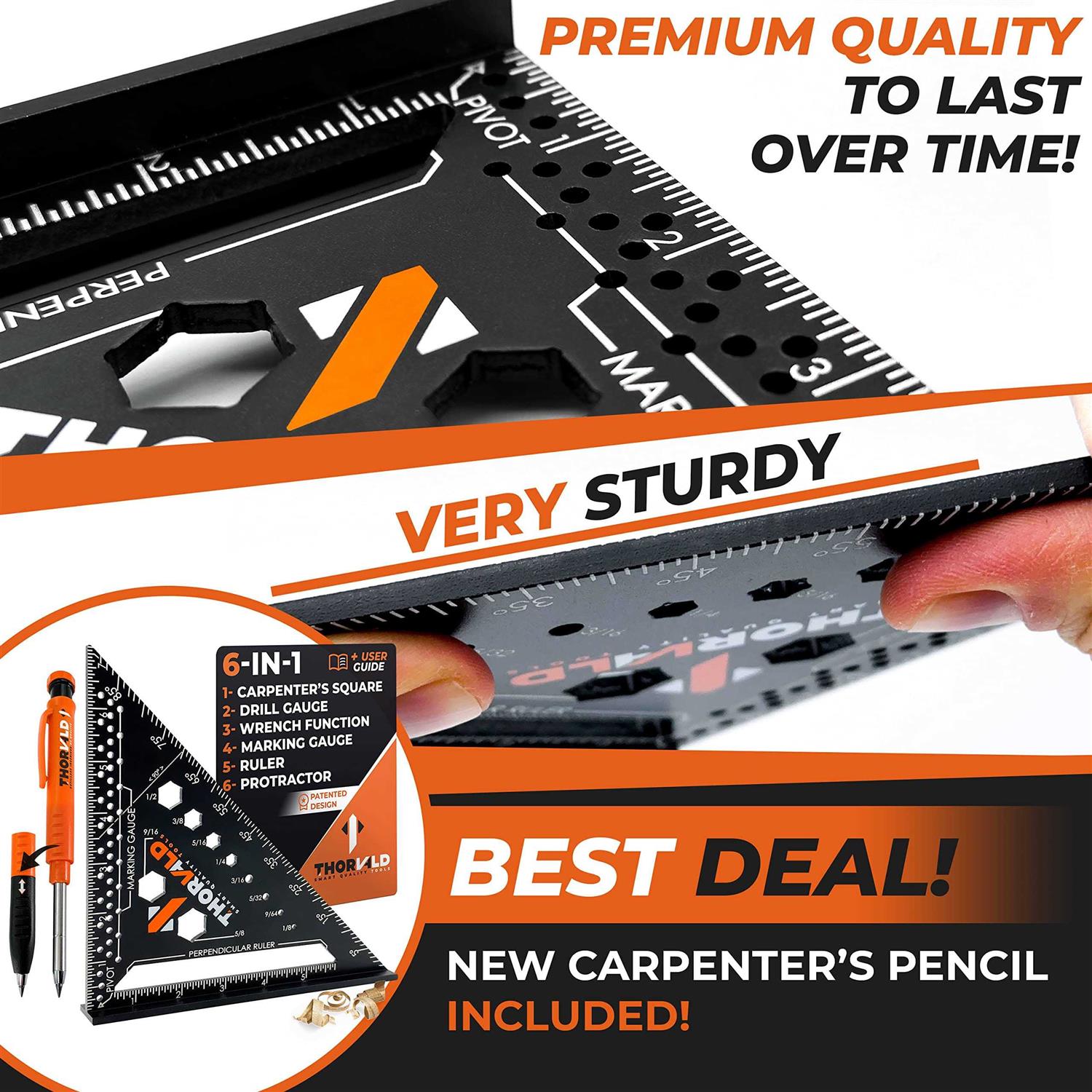 THORVALD 6-in-1 Carpenter Square 180mm T Square Multi-Purpose Carpenter Tools with Wrench - Image 4