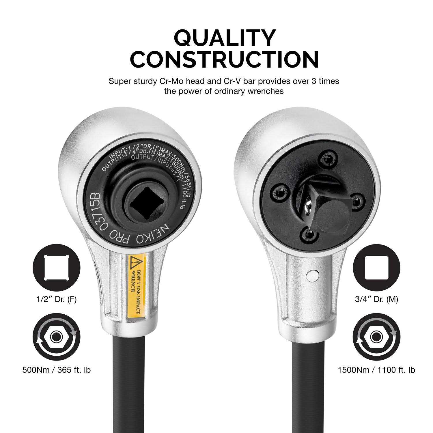 Neiko Pro 03715B 1/2 Drive Torque Wrench, 1100 Foot-Pound Heavy Duty Torque Multiplier Wrench, Cr-Mo and Chrome-Vanadium - Image 5