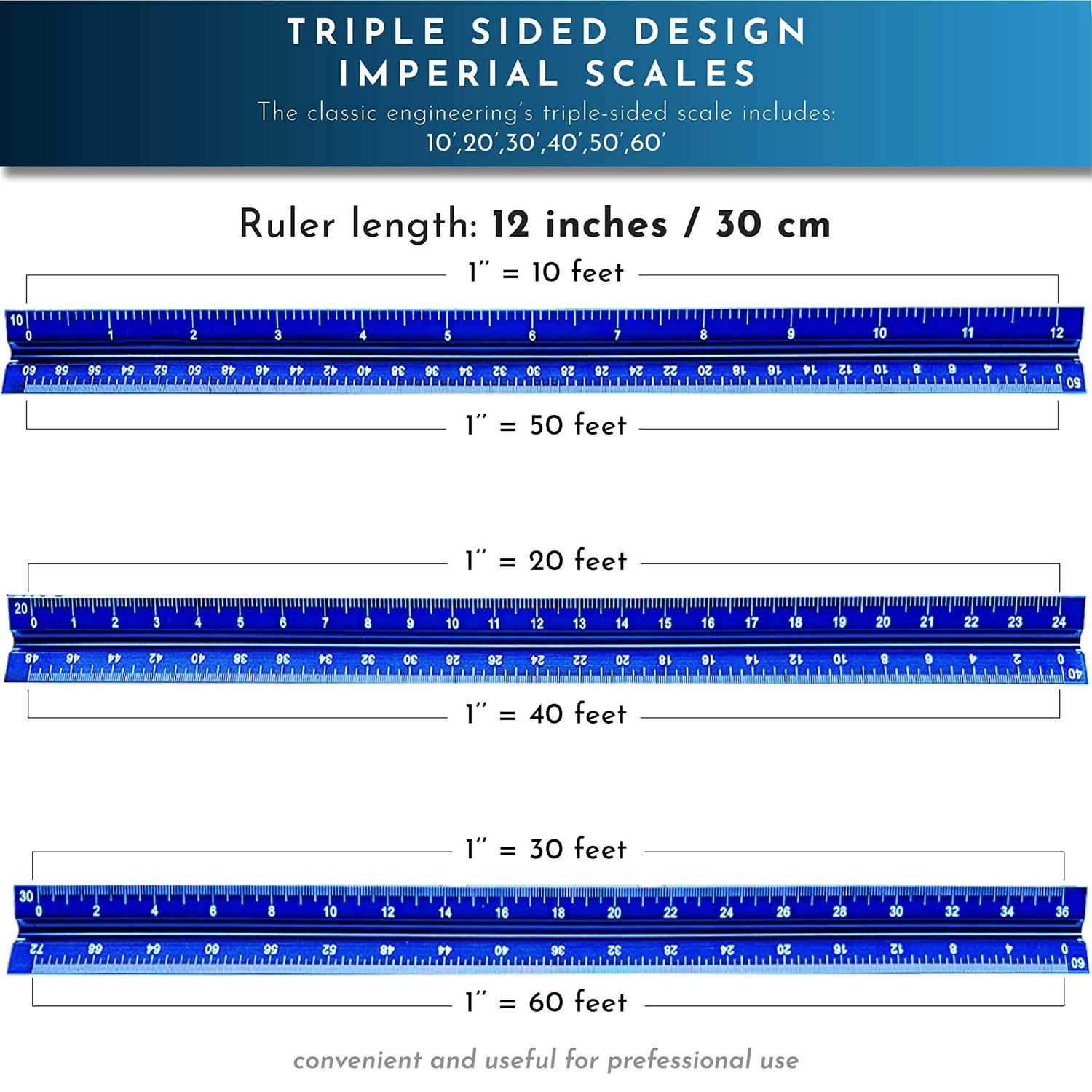 Khnum 12-Inch Architectural and Engineering Scale Ruler Set Laser-Etched Aluminum Triangular Drafting Tool - Image 2