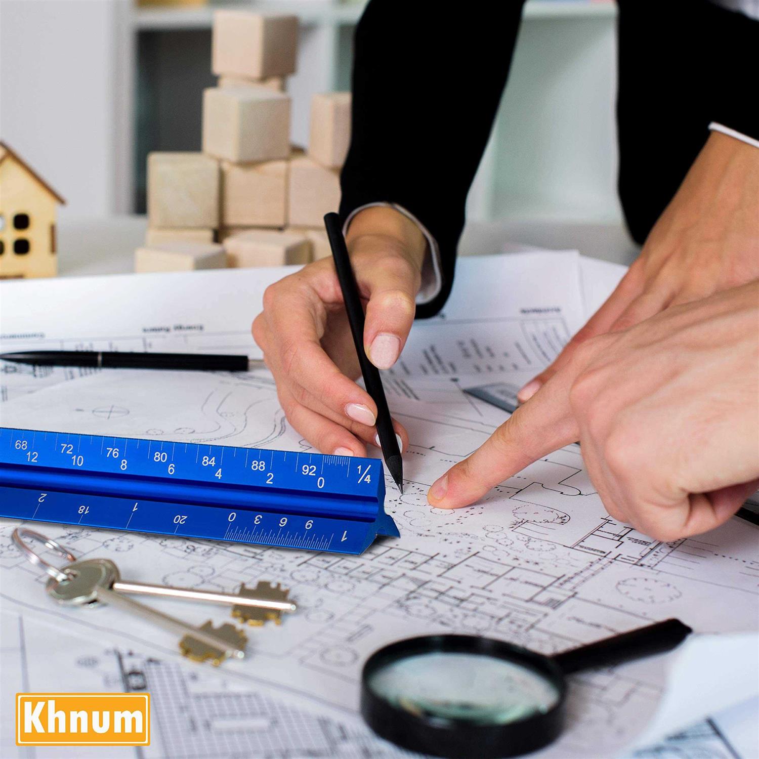 Khnum 12-Inch Architectural and Engineering Scale Ruler Set Laser-Etched Aluminum Triangular Drafting Tool - Image 3