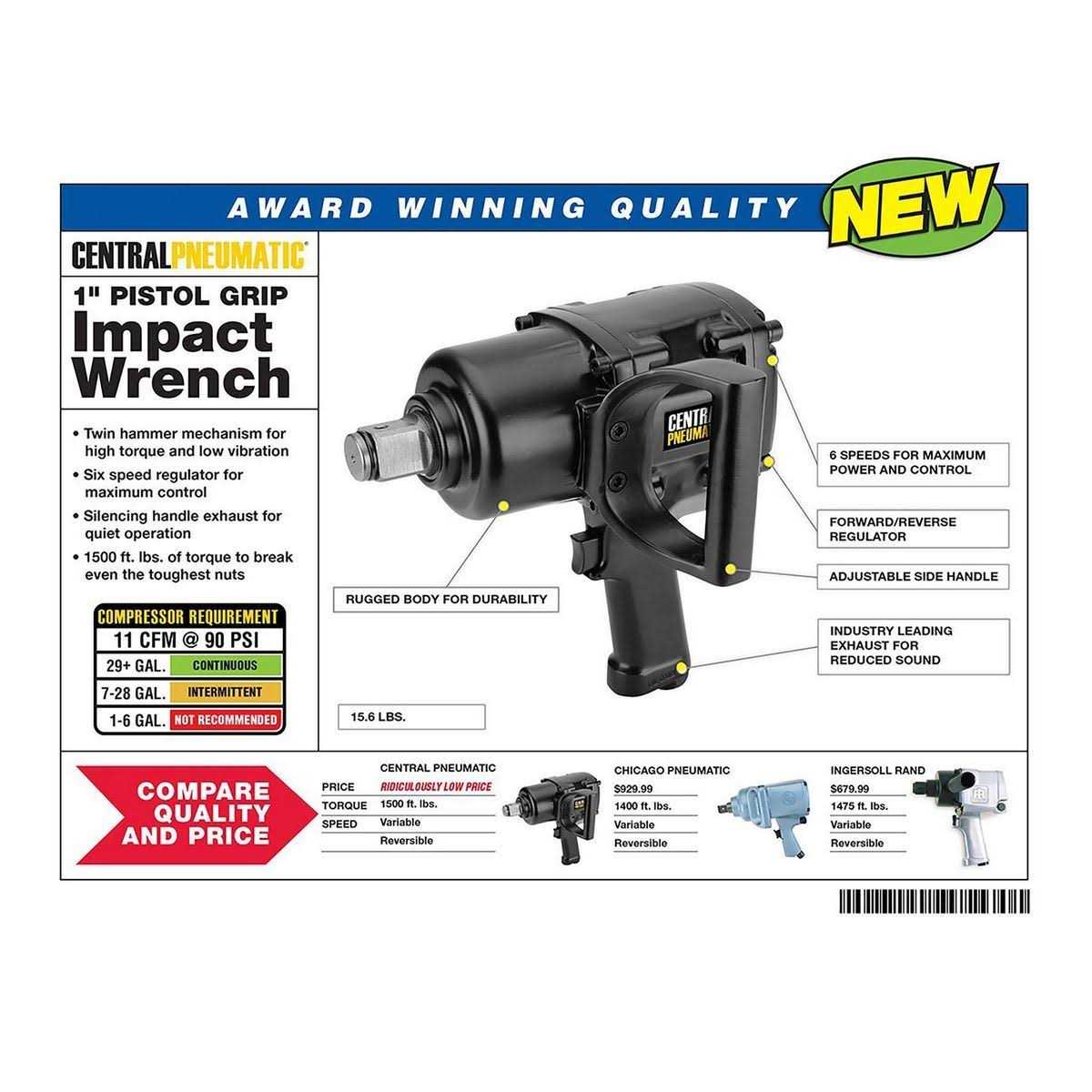 Central Pneumatic 1 in Pistol Grip Air Impact Wrench - Image 3