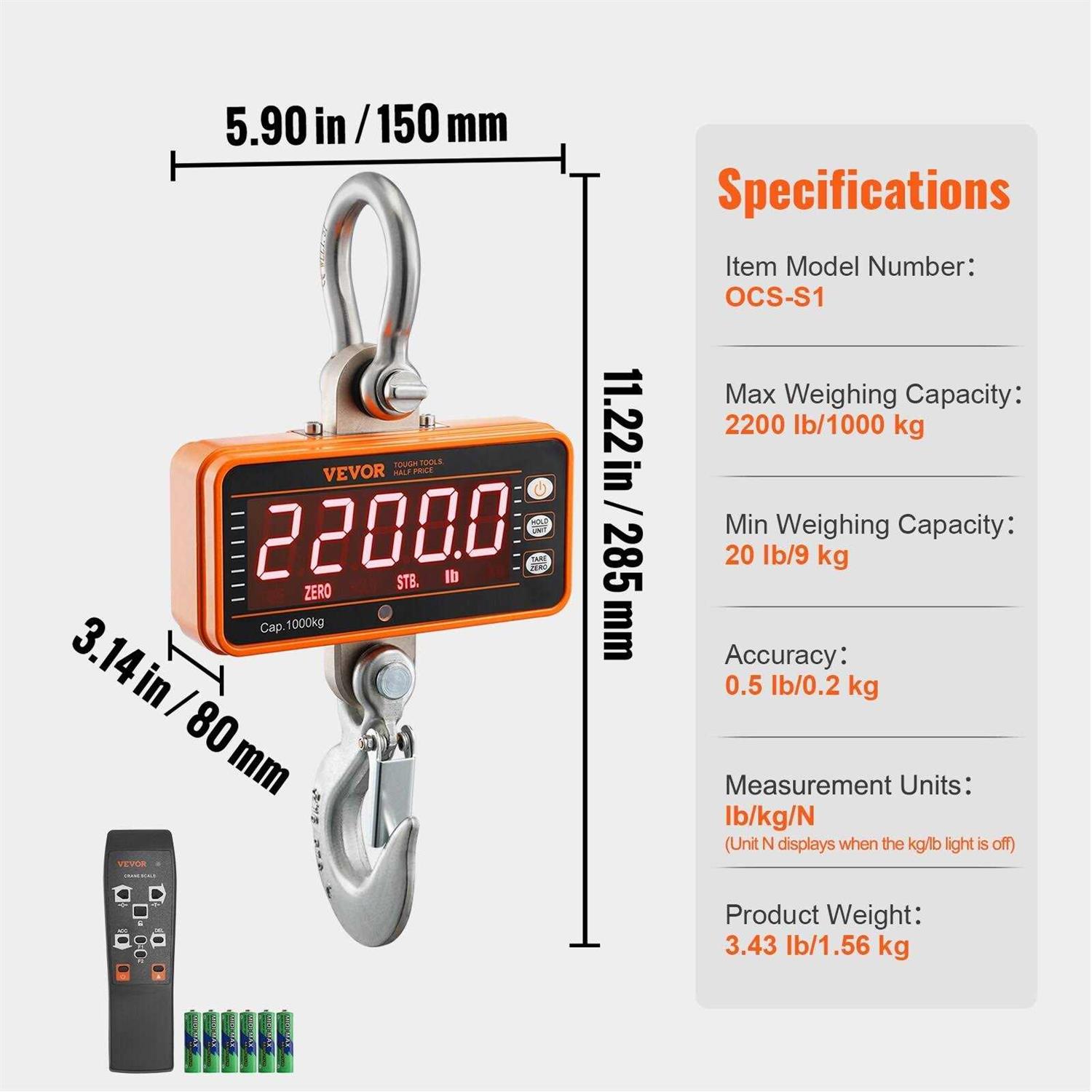 VEVOR Digital Crane Scale 2200 lbs/1000 kg Industrial Heavy Duty Hanging Scale with Remote Control Cast Aluminum Case & Led Screen High Precision - Image 2