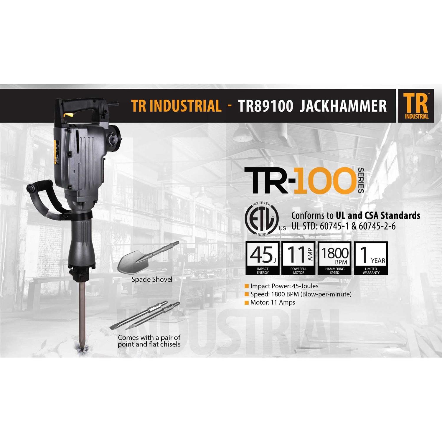 TR Industrial 11 Amp 31 lbs. Demolition Jack Hammer with Point, Flat and Spade Chisels - Image 4