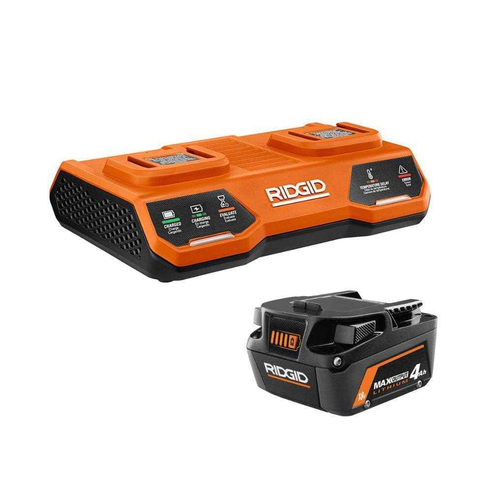 RIDGID 18V Dual Port Simultaneous Charger and 18V 4.0 Ah Max Output Lithium-Ion Battery Kit