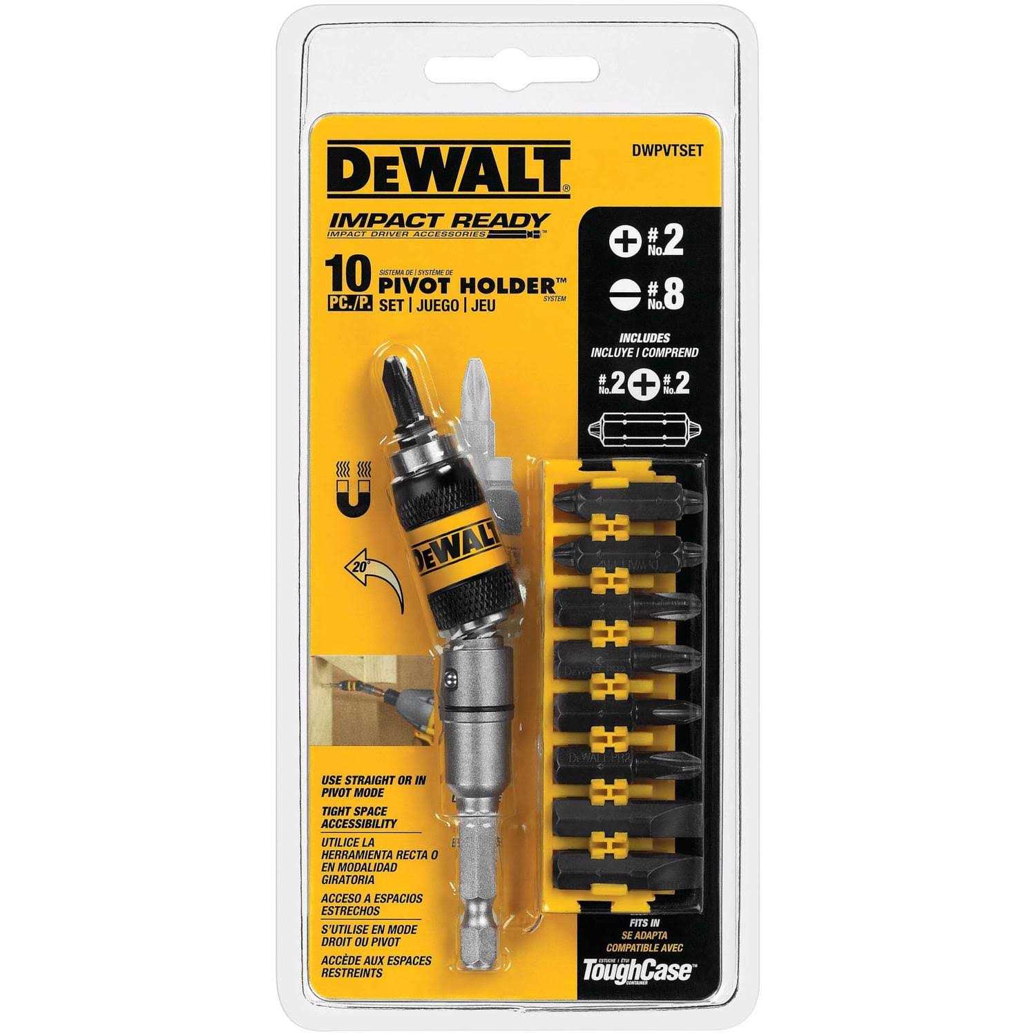 thumbnail interactive-video image 1 of DEWALT 10-Piece Pivot Holder Set With Bit Bar - Perfect For Tight Spaces 1 of 12