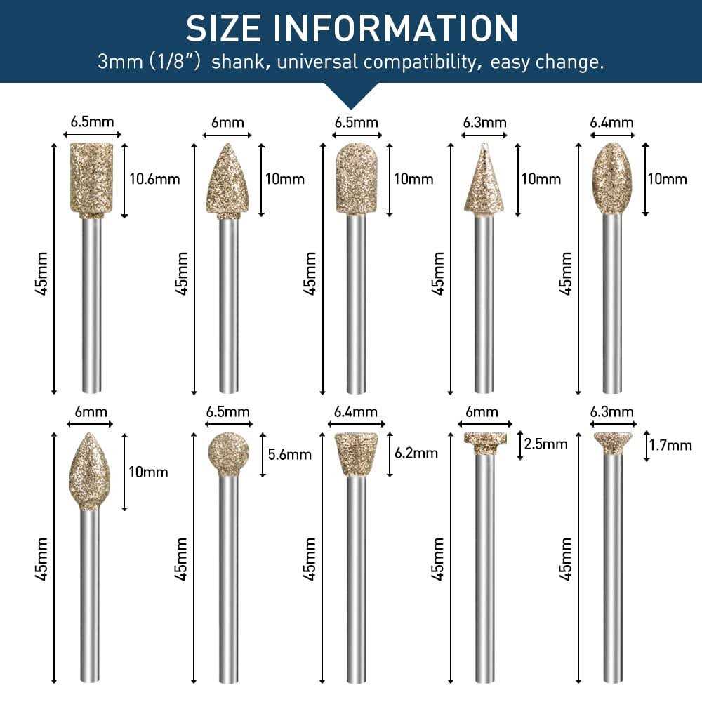 shengbenhao Diamond Grinding Burr Bit Set,20Pcs Rotary Tool Accessories Stone Carving Set with 1/8 inch Shank for Stone Ceramic Glass Carving - Image 2