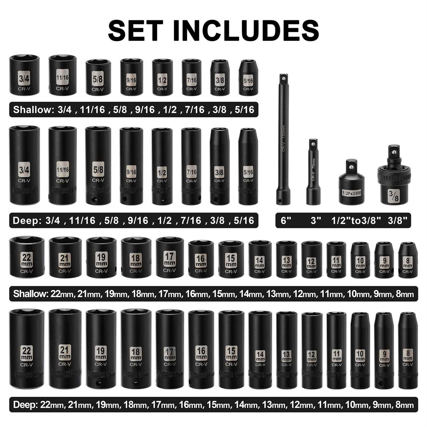 Mayouko 48 Pieces 3/8 Drive Impact Socket Set SAE/Metric - Image 3