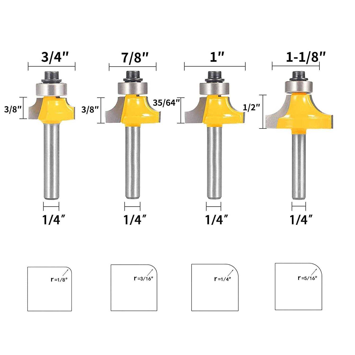 Totowood Roundover Router Bit Set,4pcs Router Bit Set,1/4 inch Shank,Radius in 1/8 - Image 4