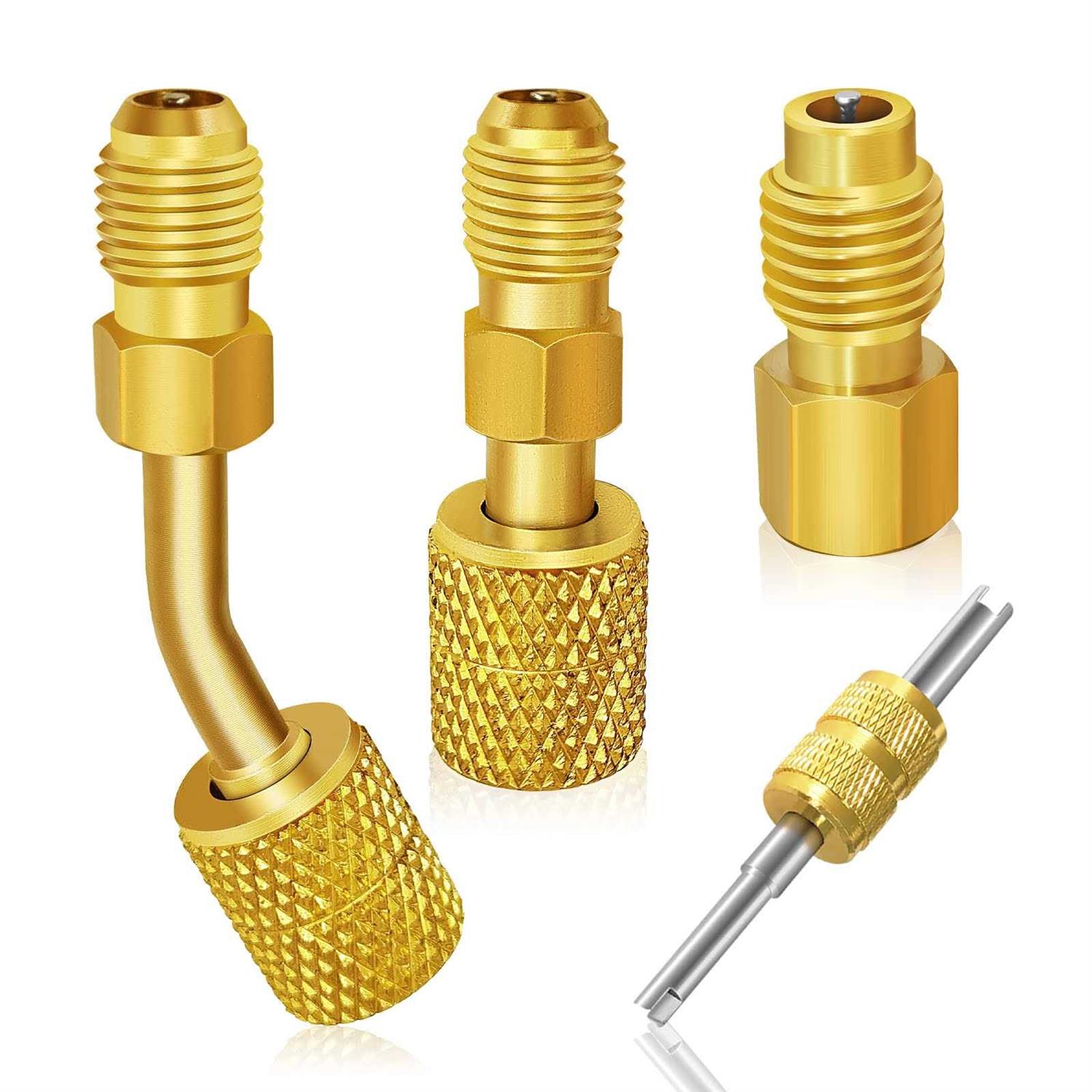 R410a Swivel Adapter Charging Vacuum Port Adapter Brass Converter with 5/16 inches SAE Female to 1/4 inches SAE Male Flare and 1/4 SAE Female x 1/2
