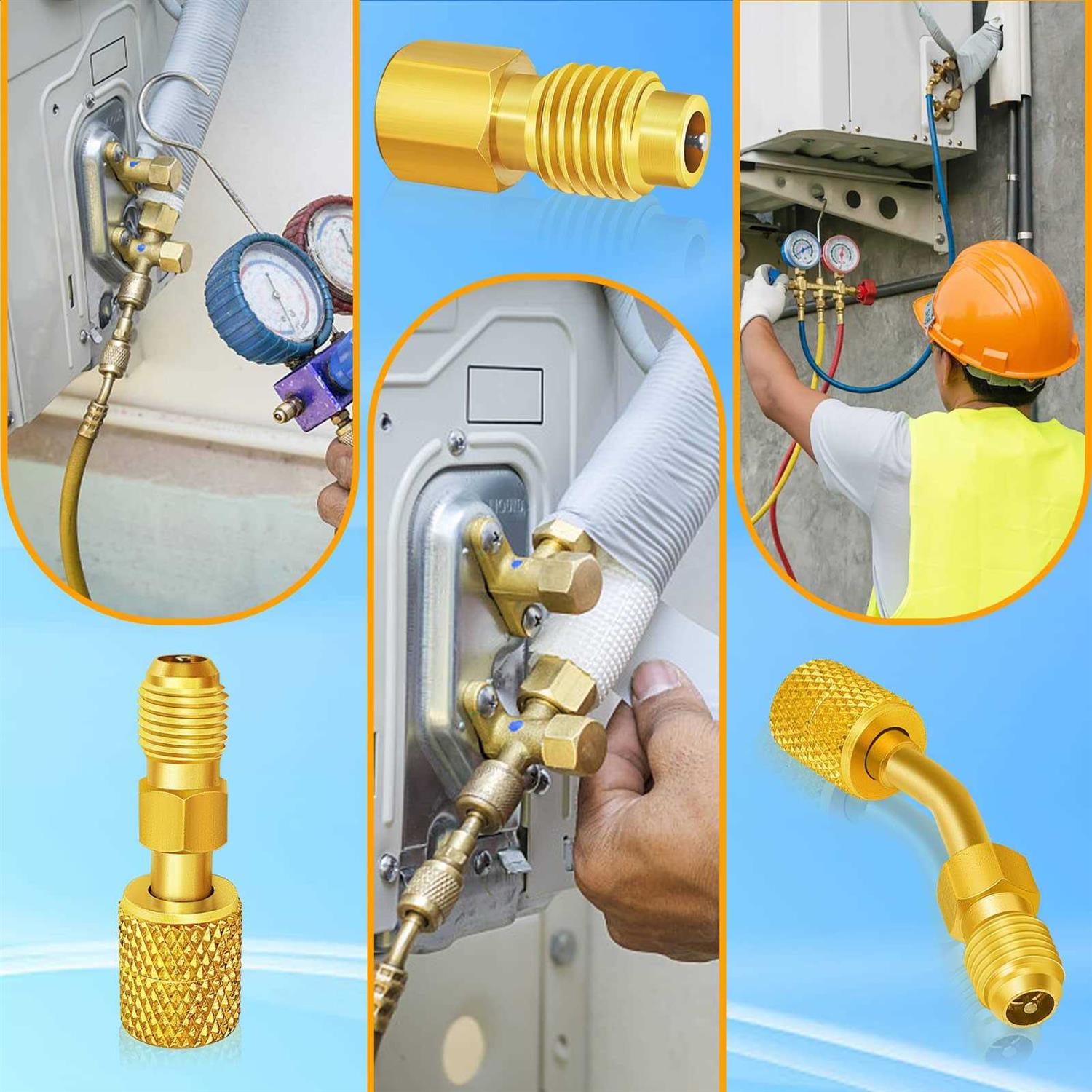 R410a Swivel Adapter Charging Vacuum Port Adapter Brass Converter with 5/16 inches SAE Female to 1/4 inches SAE Male Flare and 1/4 SAE Female x 1/2 - Image 3