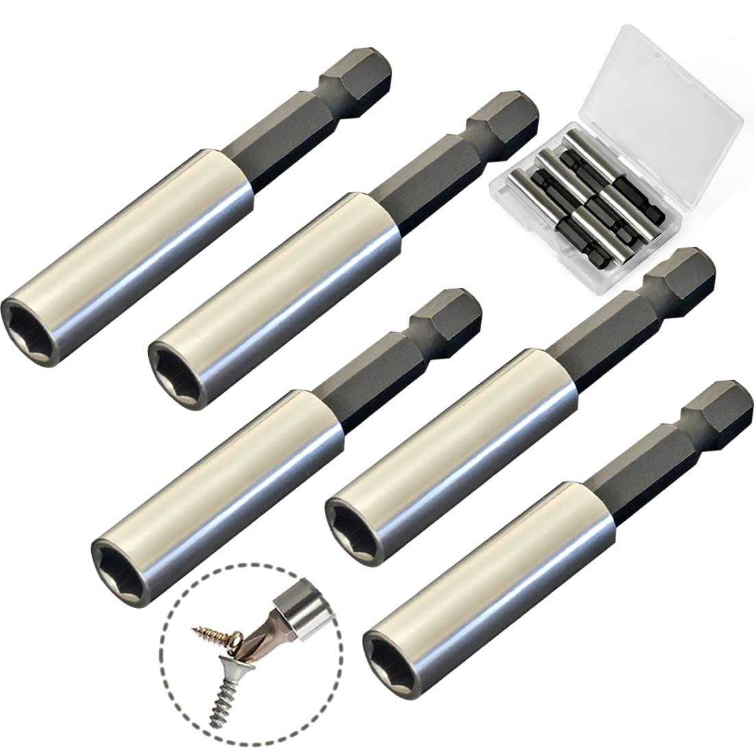 TEKPREM 1/4 Strong Magnetic Extension Bit Holder 5 Pack Hex Shank Screwdriver Bit Driver Set with Portable Case for Holding Screwdriver Bits and
